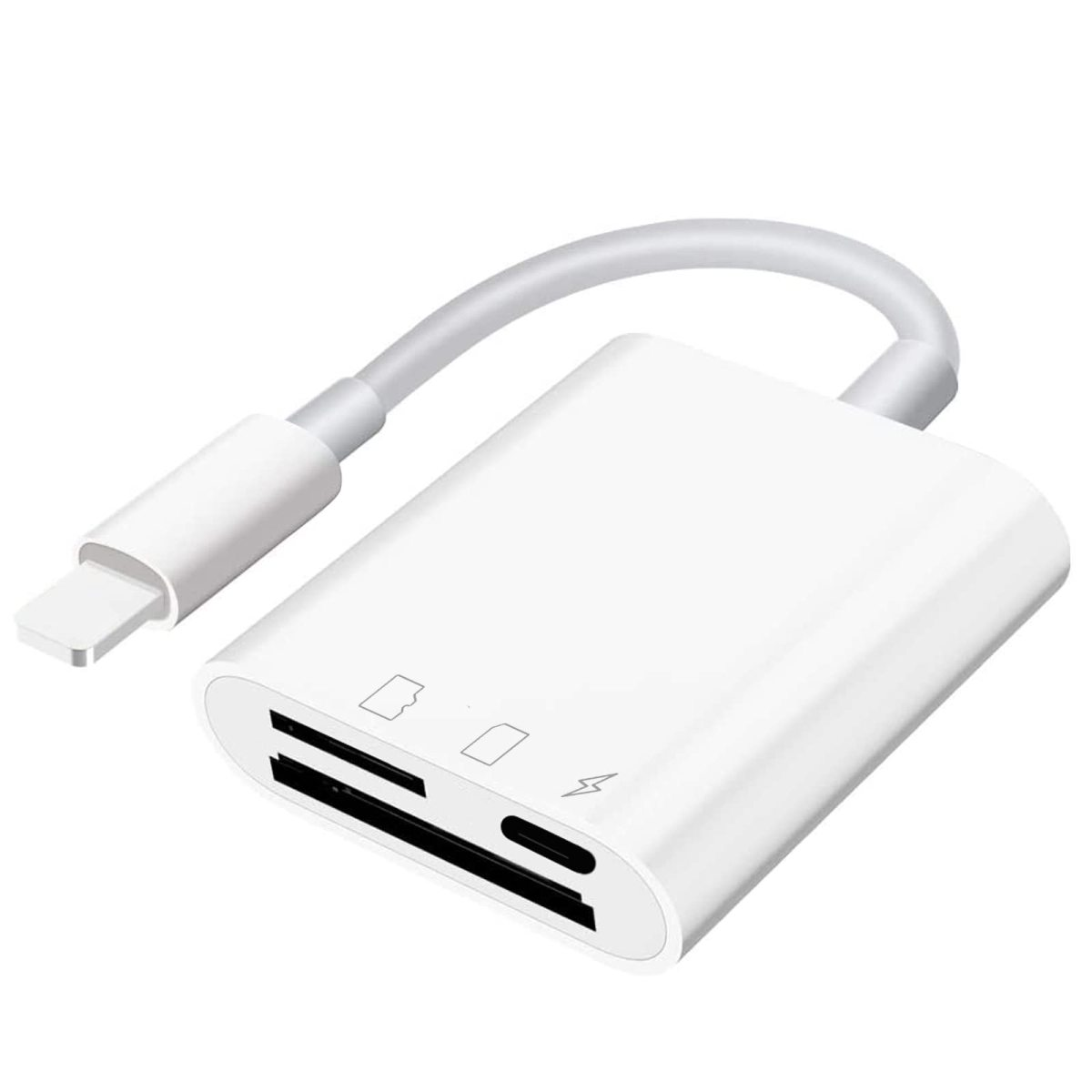 Ein weißes Kartenlesegerät mit Lightning-Anschluss und Kabel. Es hat Steckplätze und eine Blitzsymbol-Umriss.