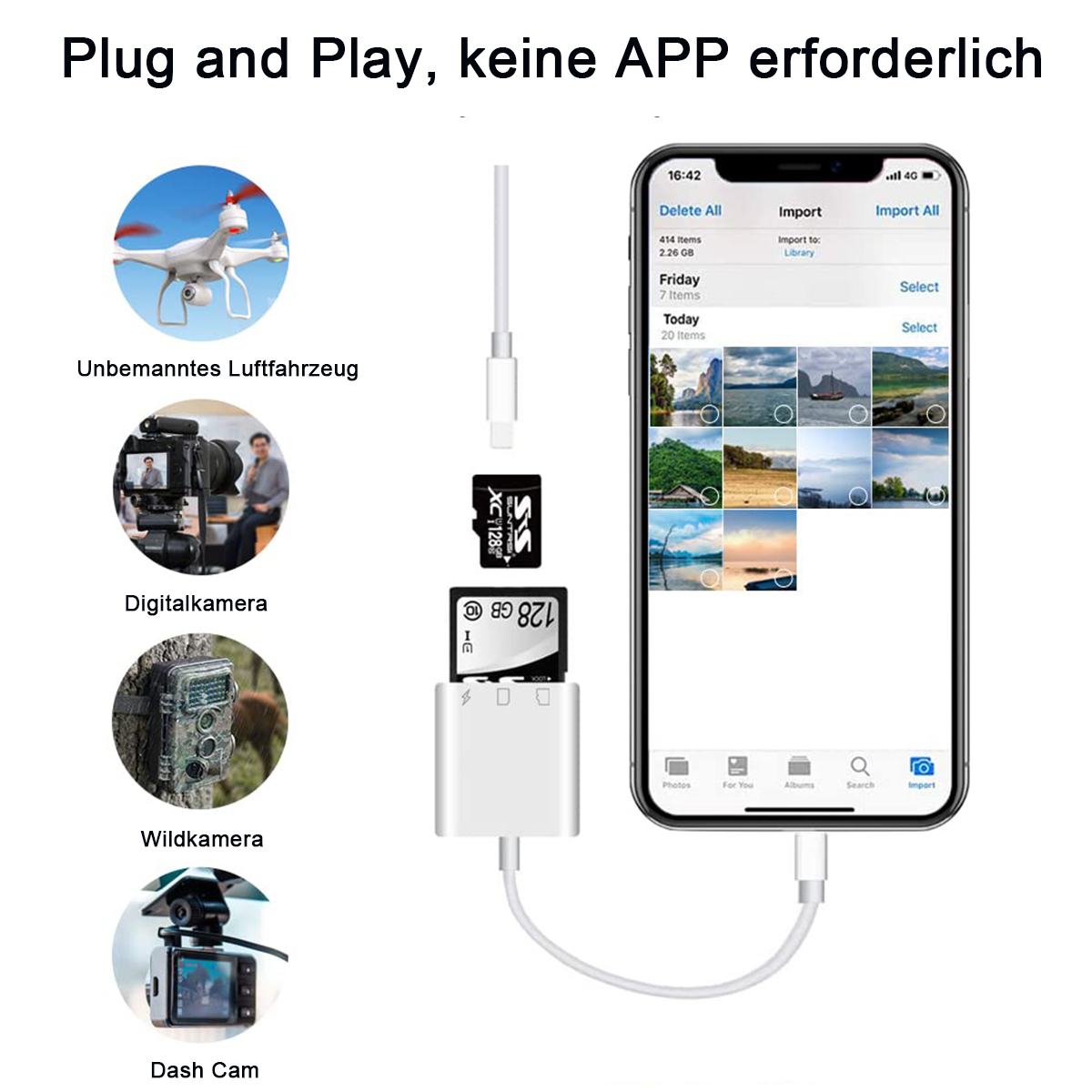 Das Bild zeigt eine Drohne, Kamera und andere Geräte, die zur Datenübertragung mit einem Telefon verbunden sind. Text: Plug and Play, keine APP erforderlich.