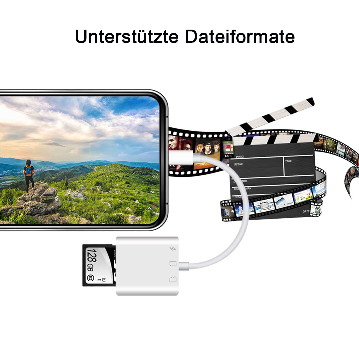Ein Telefon mit Landschaft, verbunden mit einem weißen Adapter und SD-Karte, Filmstreifen und Klappe.