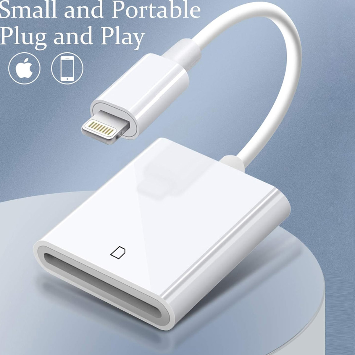 Ein weißes Kartenlesegerät mit Lightning-Anschluss. Das Gerät ist klein, tragbar und hat ein gebogenes Kabel.