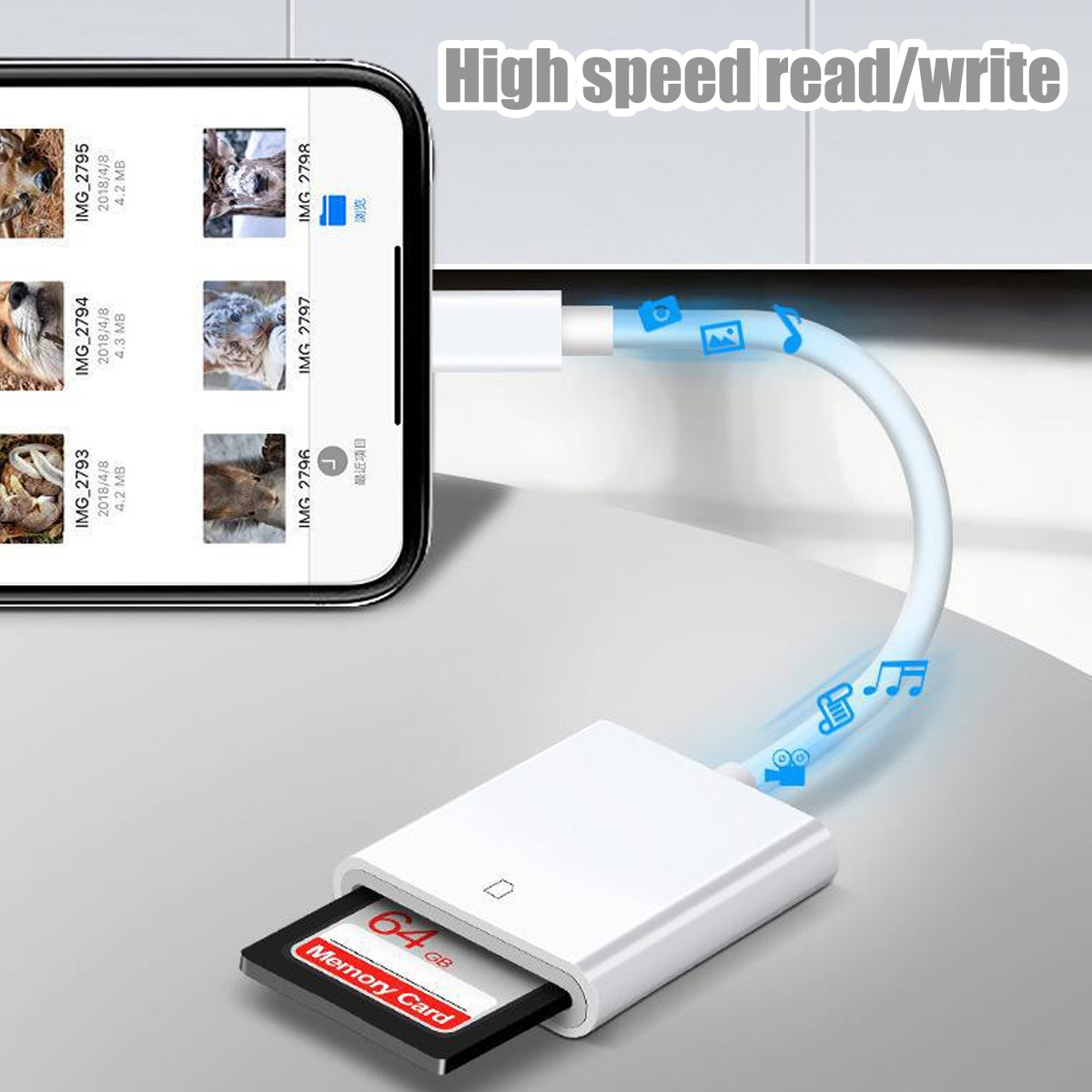 Ein weißes Kartenlesegerät mit einer Speicherkarte, die über ein weißes Kabel mit einem Telefon verbunden ist. Auf dem Telefon werden Fotos angezeigt.