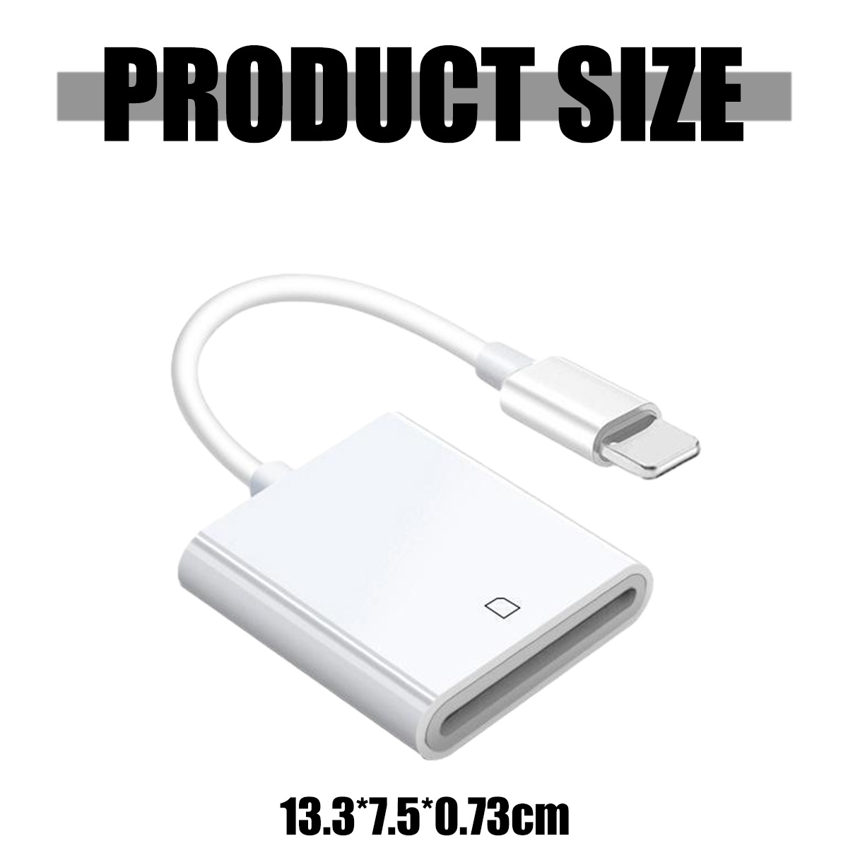 Ein weißer Adapter mit Kabel, der einen USB-C- und einen Lightning-Anschluss zeigt. Oben steht 'PRODUCT SIZE'. Maße sind unten angegeben.
