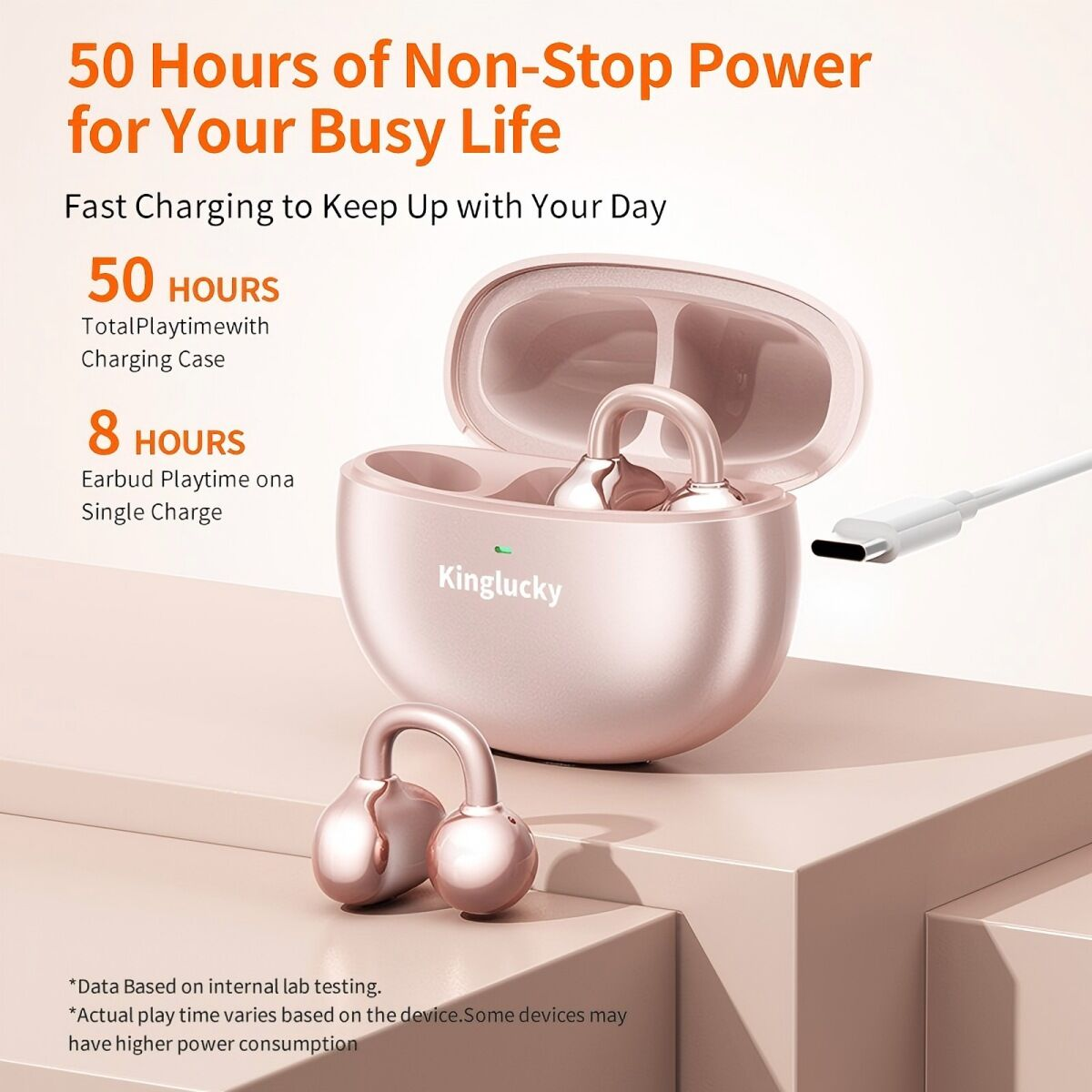 Auricolari rosa in una custodia di ricarica, con cavo USB-C. Il testo indica 50 ore di riproduzione. Il marchio è Kinglucky.