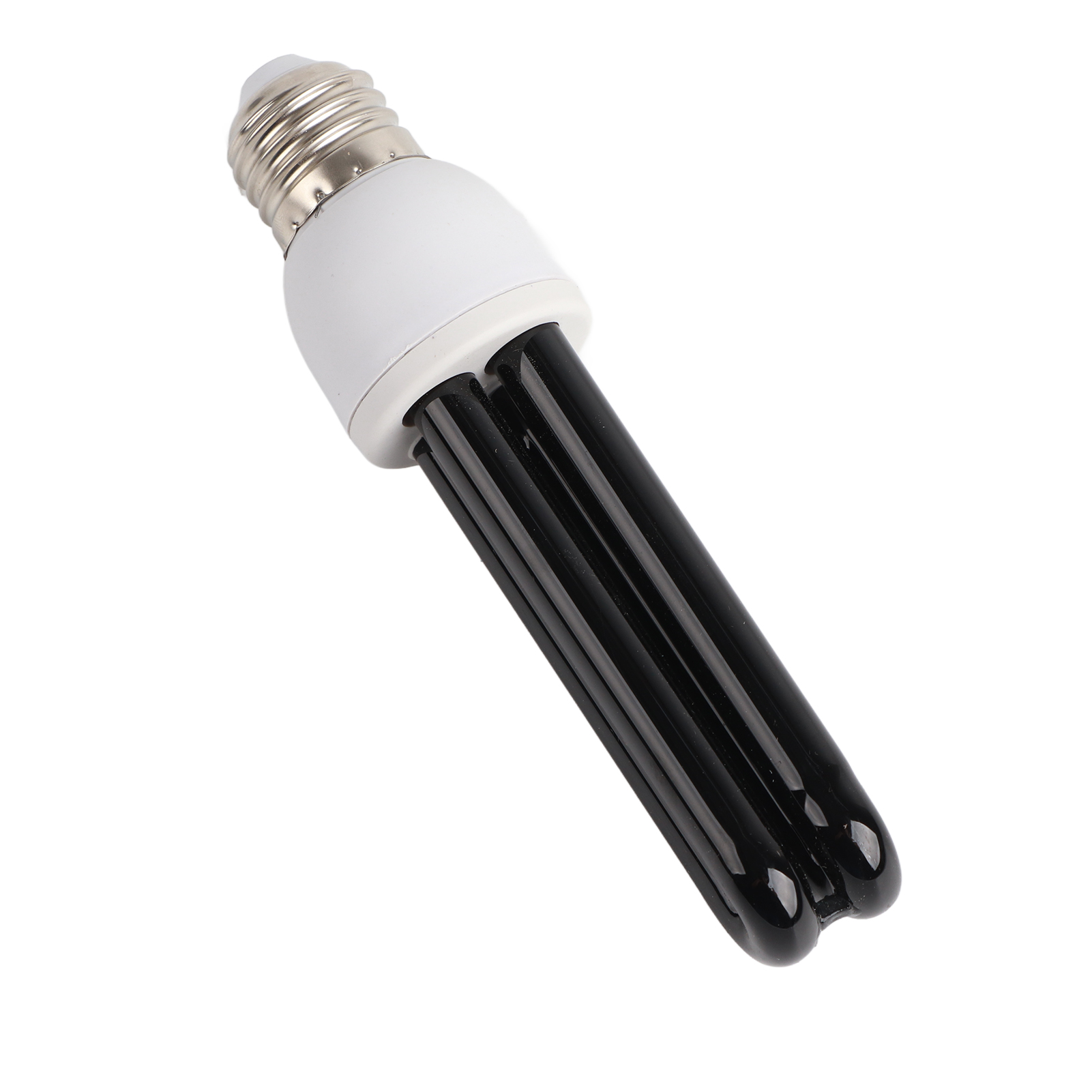 Eine schwarz-weiße Leuchtstofflampe. Der Sockel ist silberfarben. Die Birne ist schwarz mit einem weißen Hals.