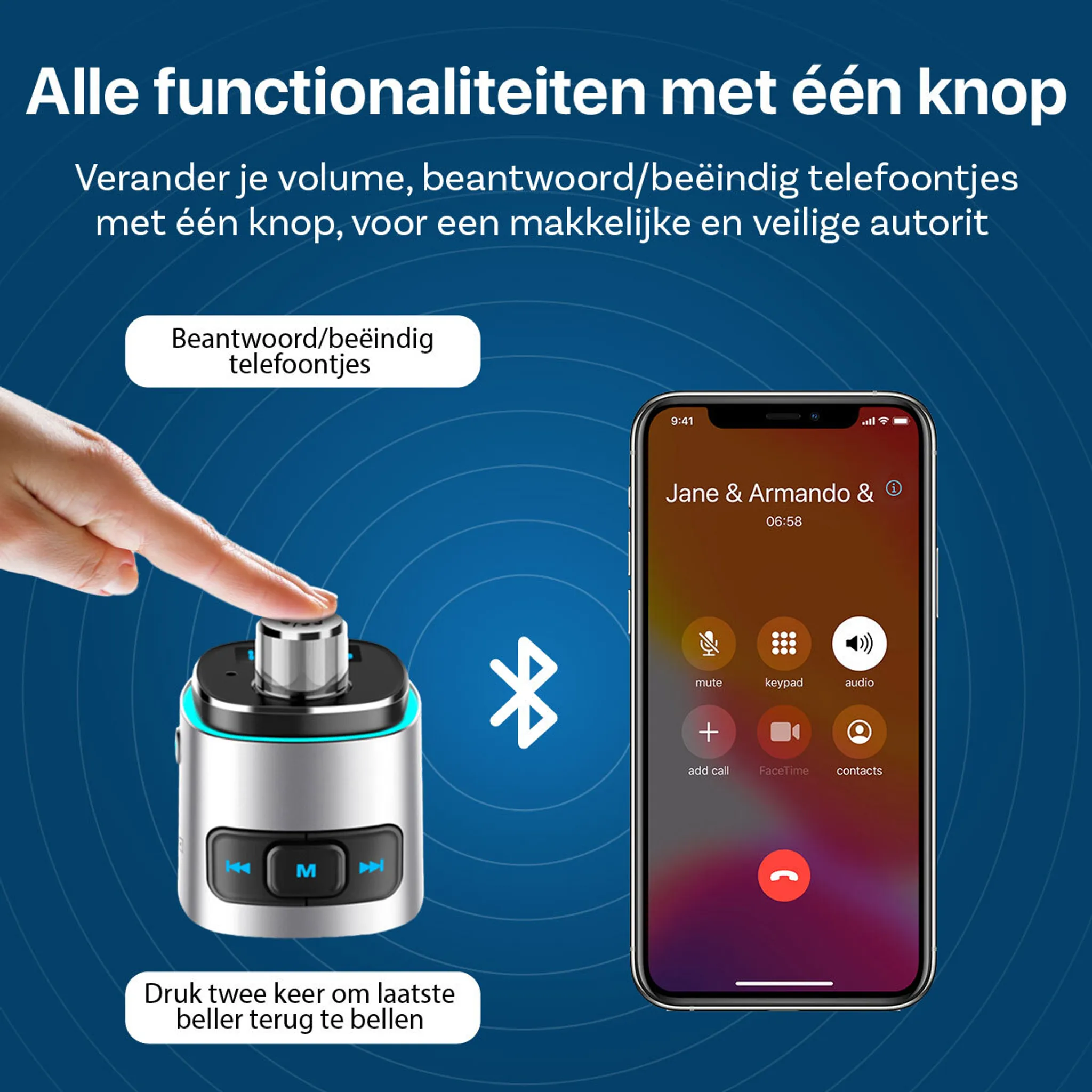 Eine Hand drückt eine Taste auf einem silbernen Gerät. Ein Telefon zeigt einen Anrufbildschirm. Bluetooth-Symbol in der Mitte.