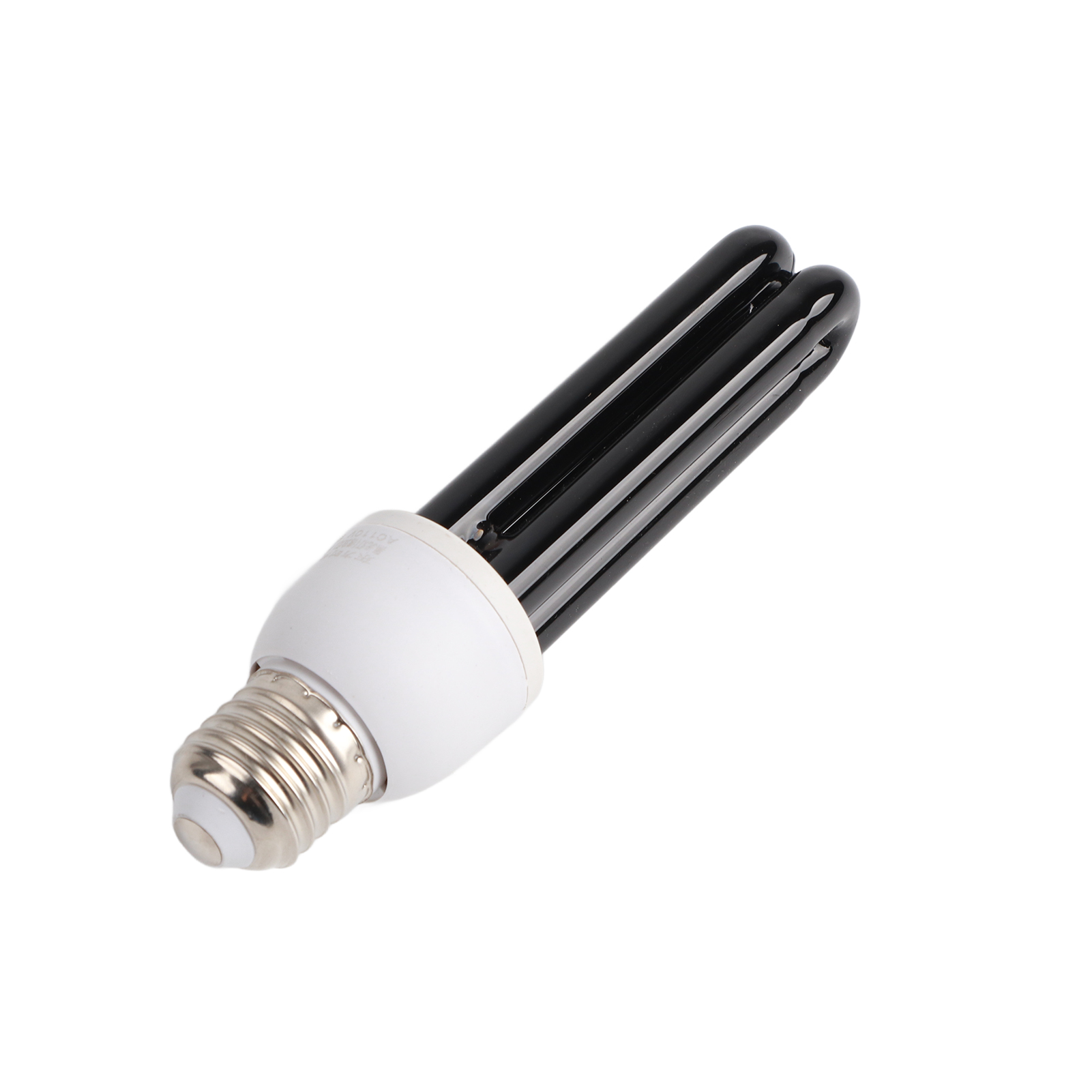 Eine Kompaktleuchtstofflampe mit schwarzen Röhren und einem weißen Sockel. Der Sockel ist silberfarben.