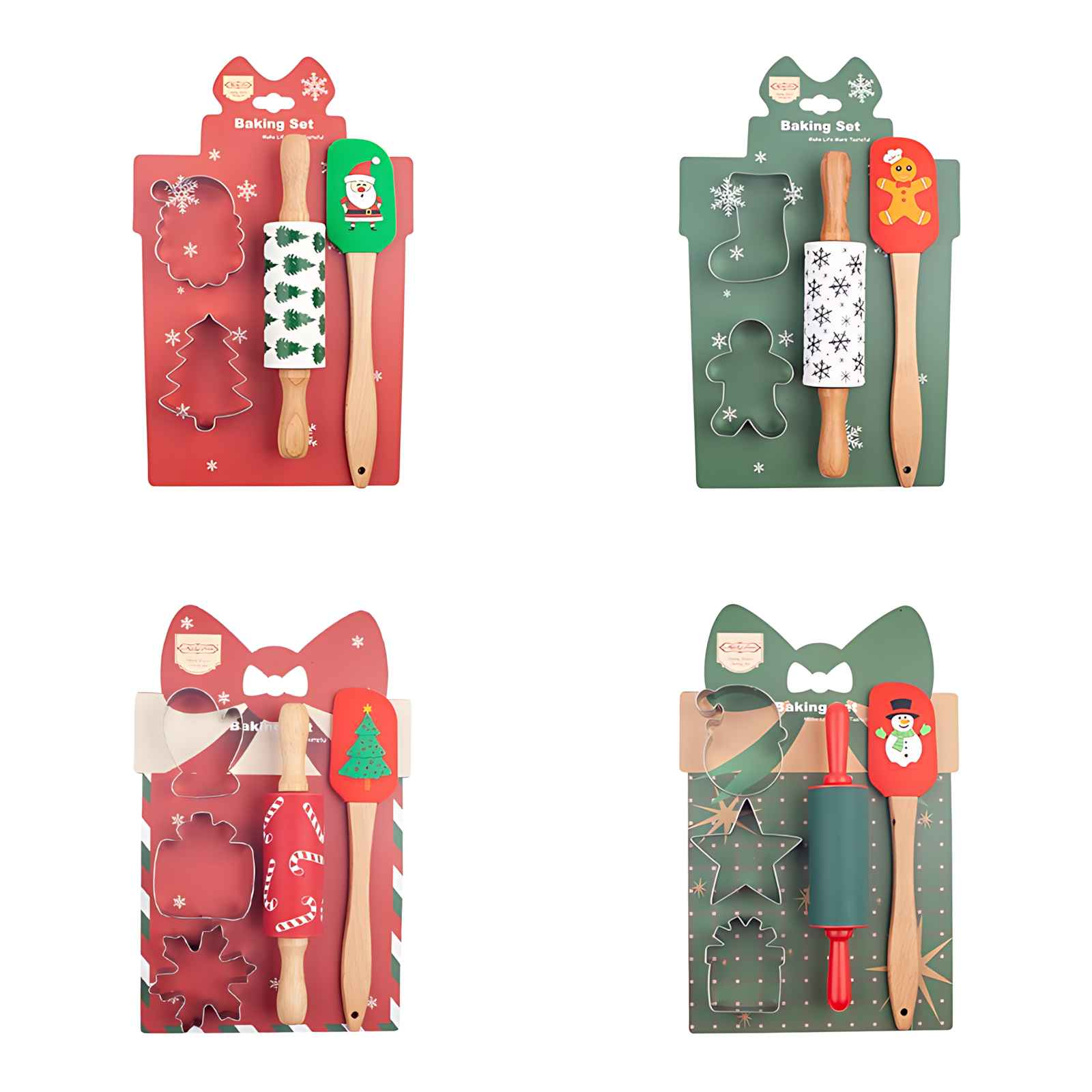 Vier Backsets mit weihnachtlichen Utensilien. Jedes Set hat Ausstecher, Nudelholz und Spatel.