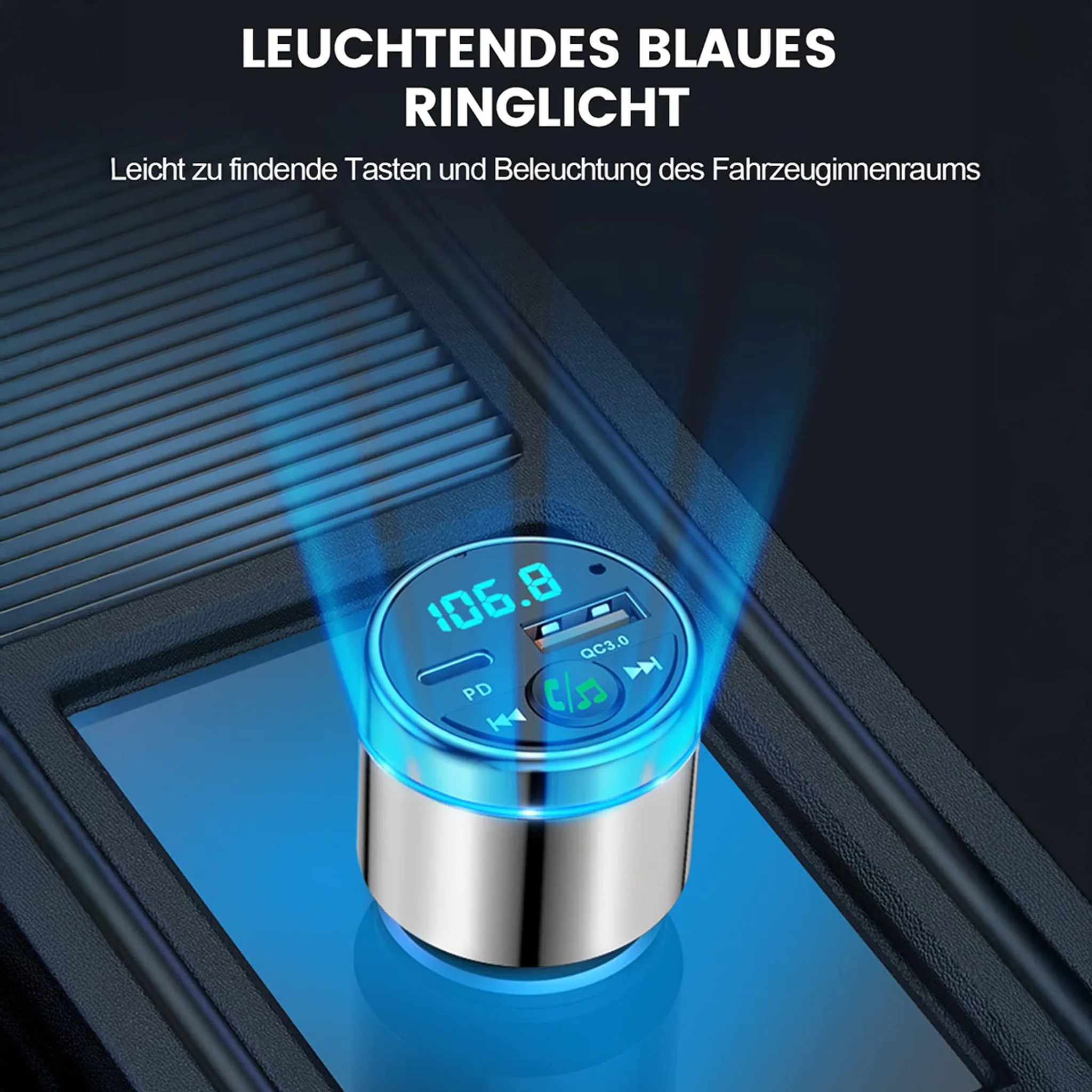 Ein Autoladegerät mit blauem Leuchtring und Digitalanzeige mit 106,8. Es hat Musik- und Ladeknöpfe.