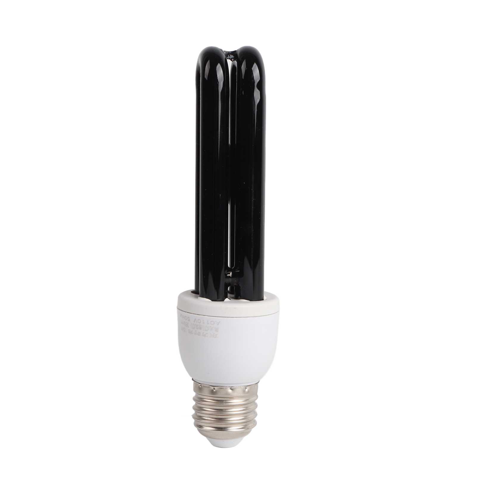 Eine schwarze, U-förmige Leuchtstofflampe mit weißem Sockel und silbernem Schraubanschluss auf weißem Hintergrund.