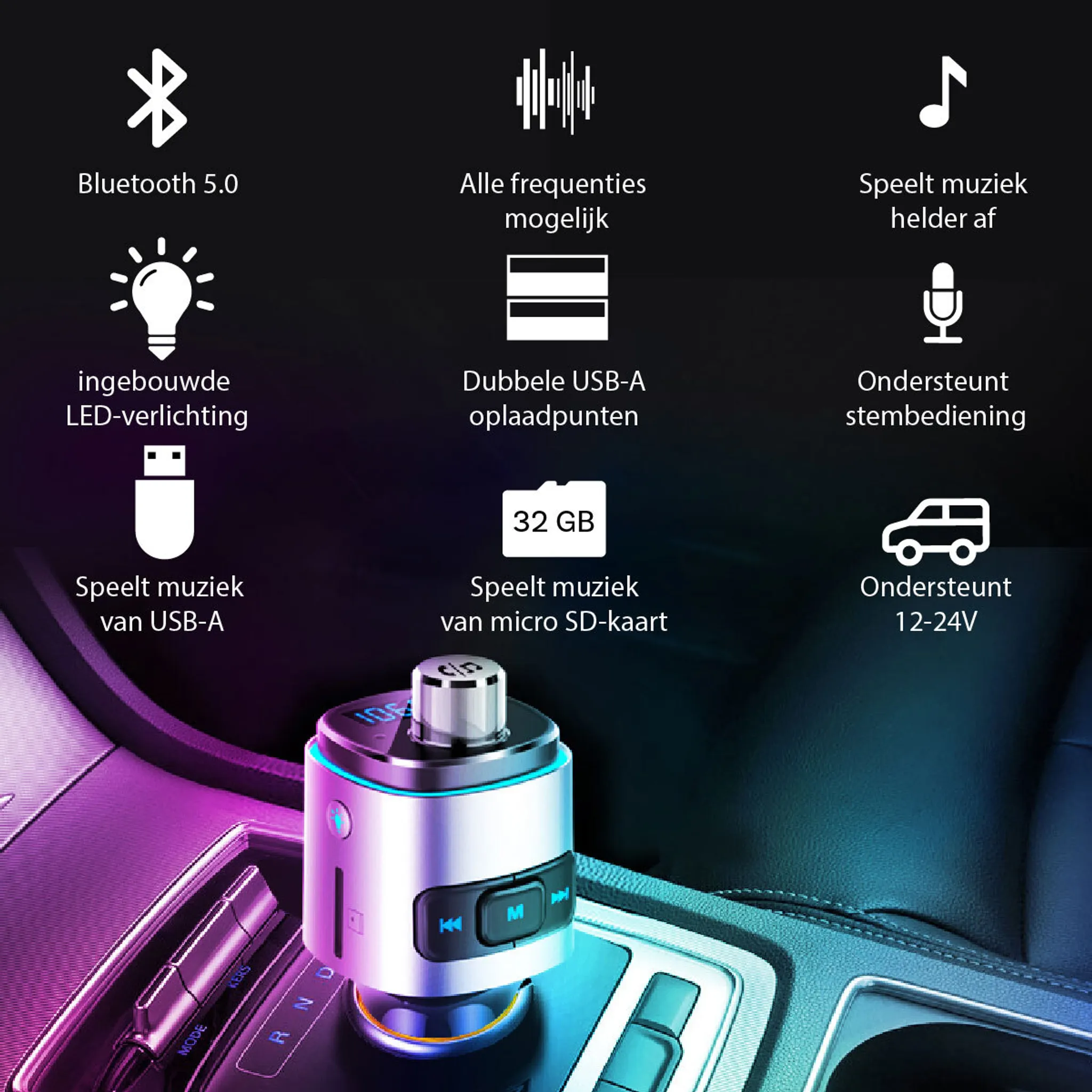 Ein silberner Auto-Audioadapter mit Bluetooth 5.0, USB und Micro-SD-Kartenunterstützung befindet sich in einer Autokonsole. Symbole zeigen Funktionen.