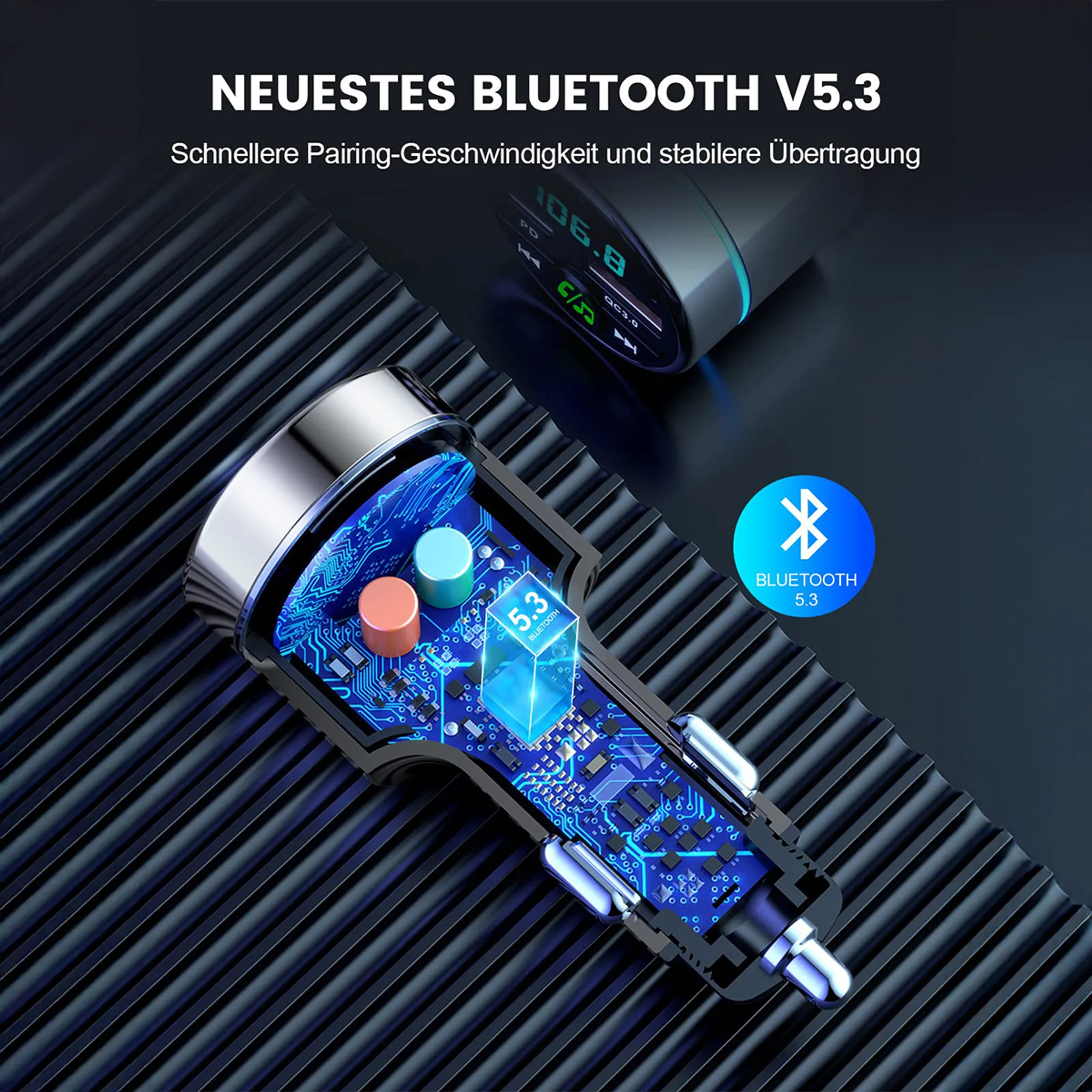 Bluetooth V5.3 Autoladegerät. Merkmale sind schnelleres Pairing und stabile Übertragung. Blau und Silber mit orangefarbenen und blauen Akzenten.