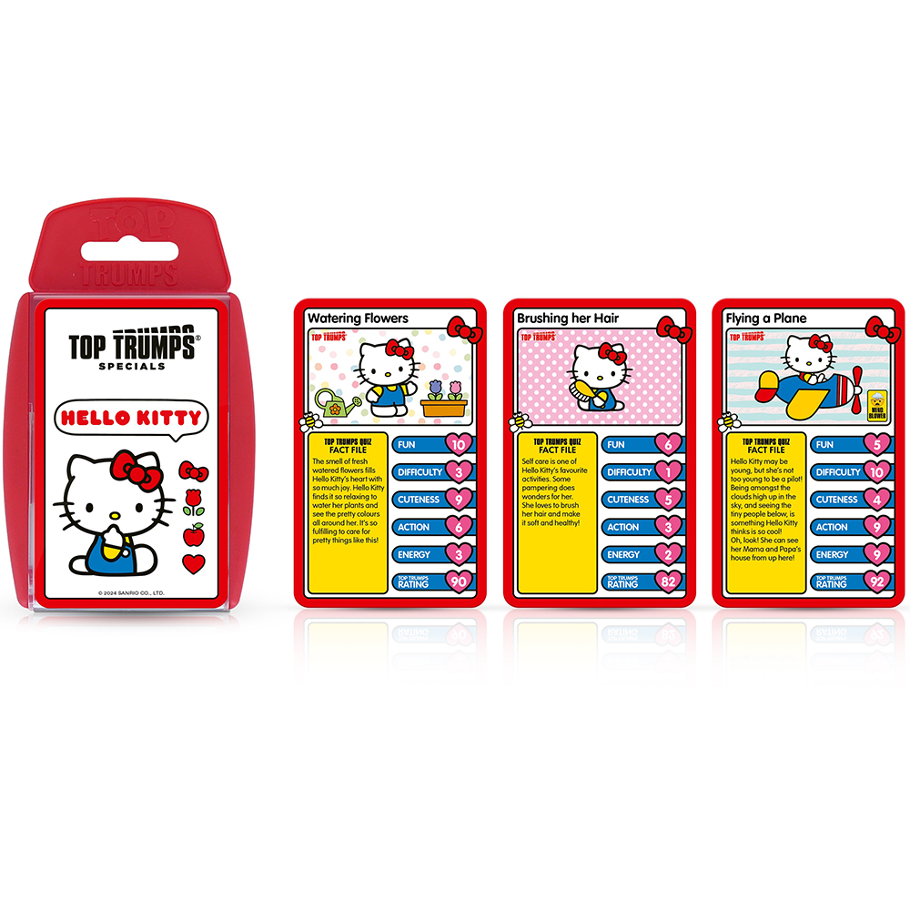 Ein rotes Hello Kitty Top Trumps Kartenspiel. Die Karten zeigen Hello Kitty bei verschiedenen Aktivitäten wie Blumen gießen, Haare bürsten und fliegen.