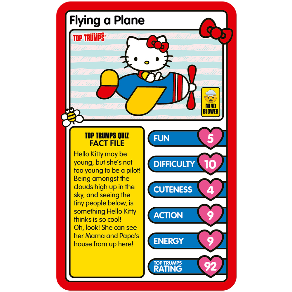 Hello Kitty fliegt auf einer Top Trumps Karte ein Flugzeug. Die Karte enthält eine Fakten-Datei und Statistiken für Spaß, Schwierigkeit, Niedlichkeit, Action, Energie und Bewertung.