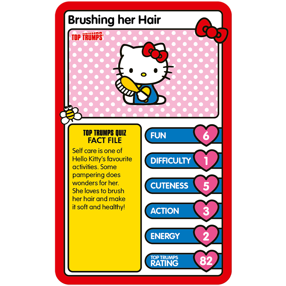 Hello Kitty Karte. Sie kämmt sich die Haare. Die Karte enthält Text über ihre Selbstpflege und verschiedene Statistiken.