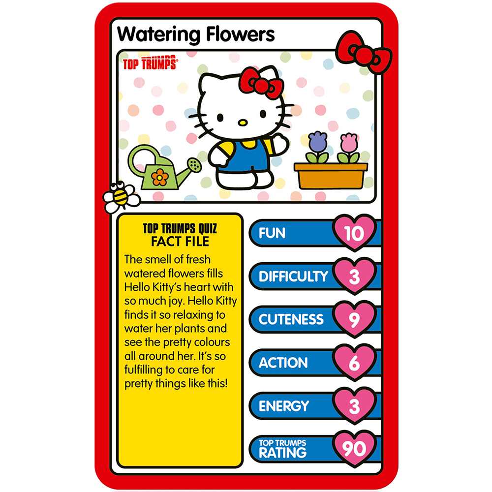 Hello Kitty gießt Blumen. Karte hat Statistiken. Eine Gießkanne, eine Biene und Blumen sind abgebildet. Der Text lautet 'Blumen gießen'.