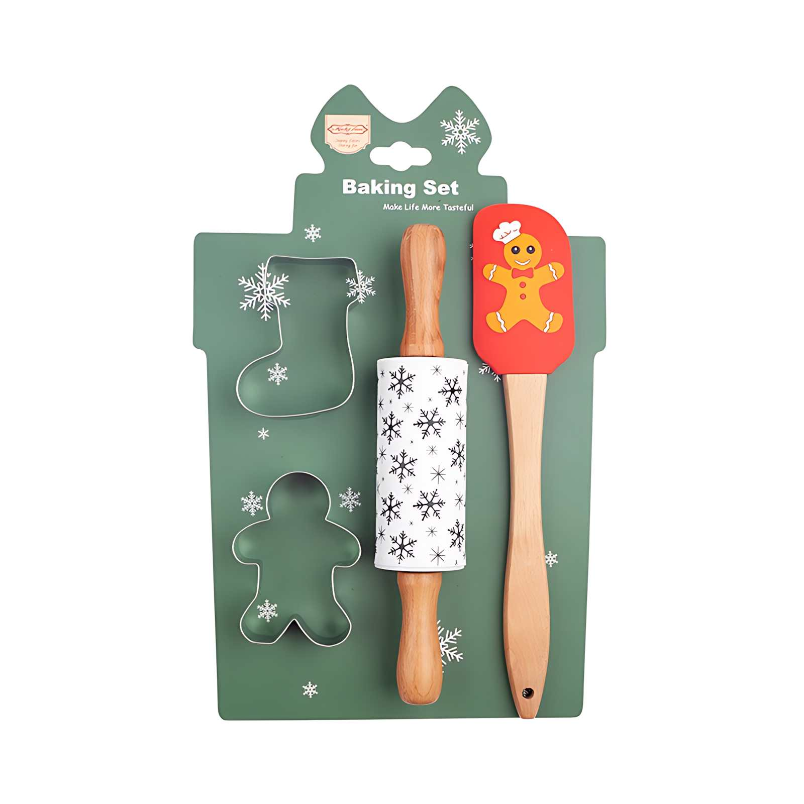 Backset auf grüner Karte. Enthält eine Teigrolle, einen Spatel mit Lebkuchenmann und Ausstecher in Stiefel- und Lebkuchenmannform.