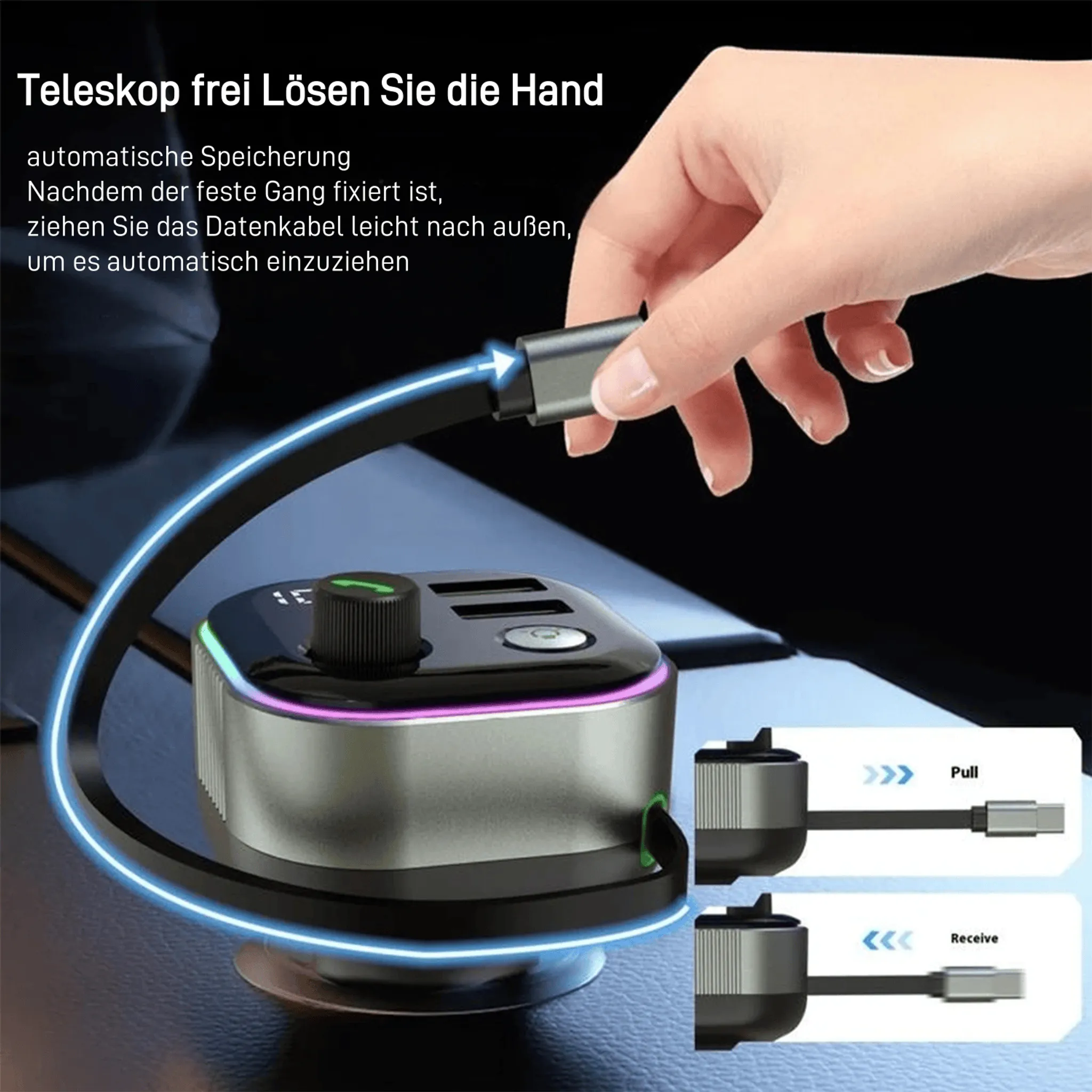 Eine Hand zieht ein USB-Kabel aus einem Ladegerät. Das Gerät hat einen Knopf und zwei Anschlüsse.