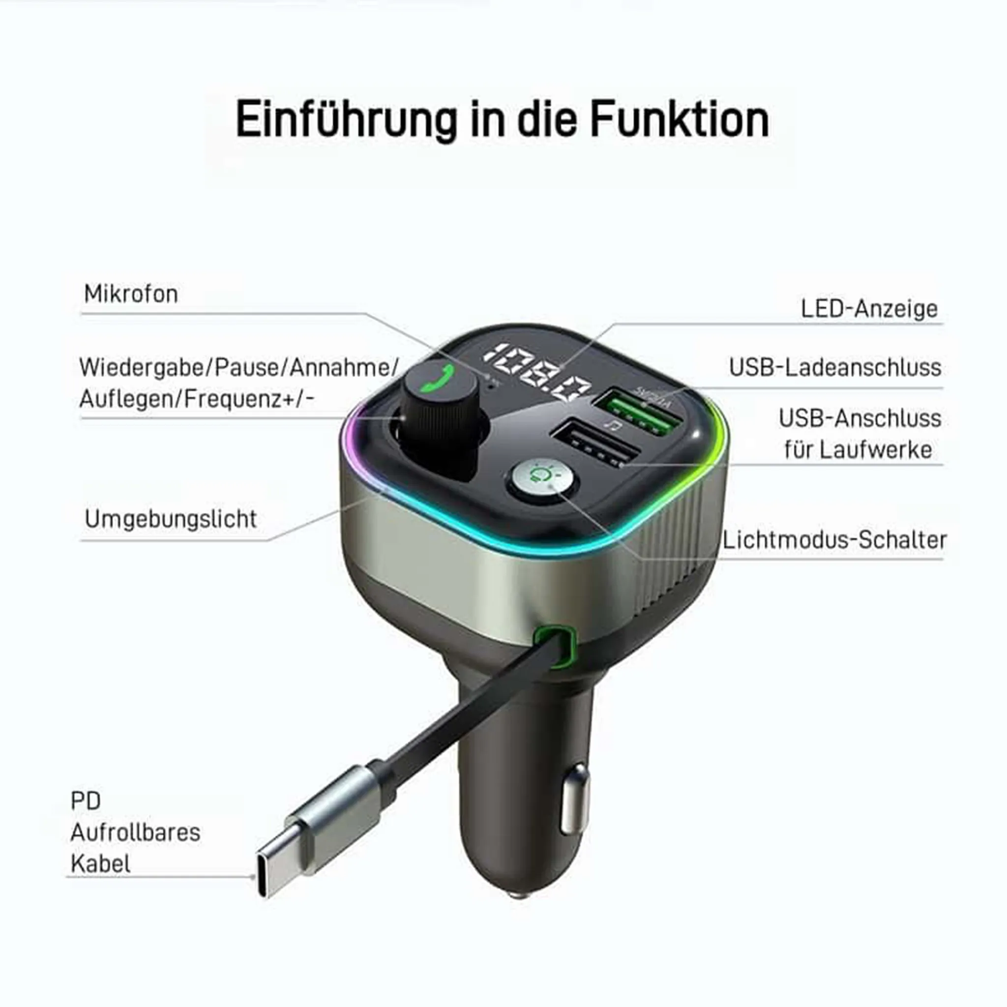 Ein schwarzes Autoladegerät mit Etiketten. Es hat eine Digitalanzeige, USB-Anschlüsse und ein einziehbares Kabel.