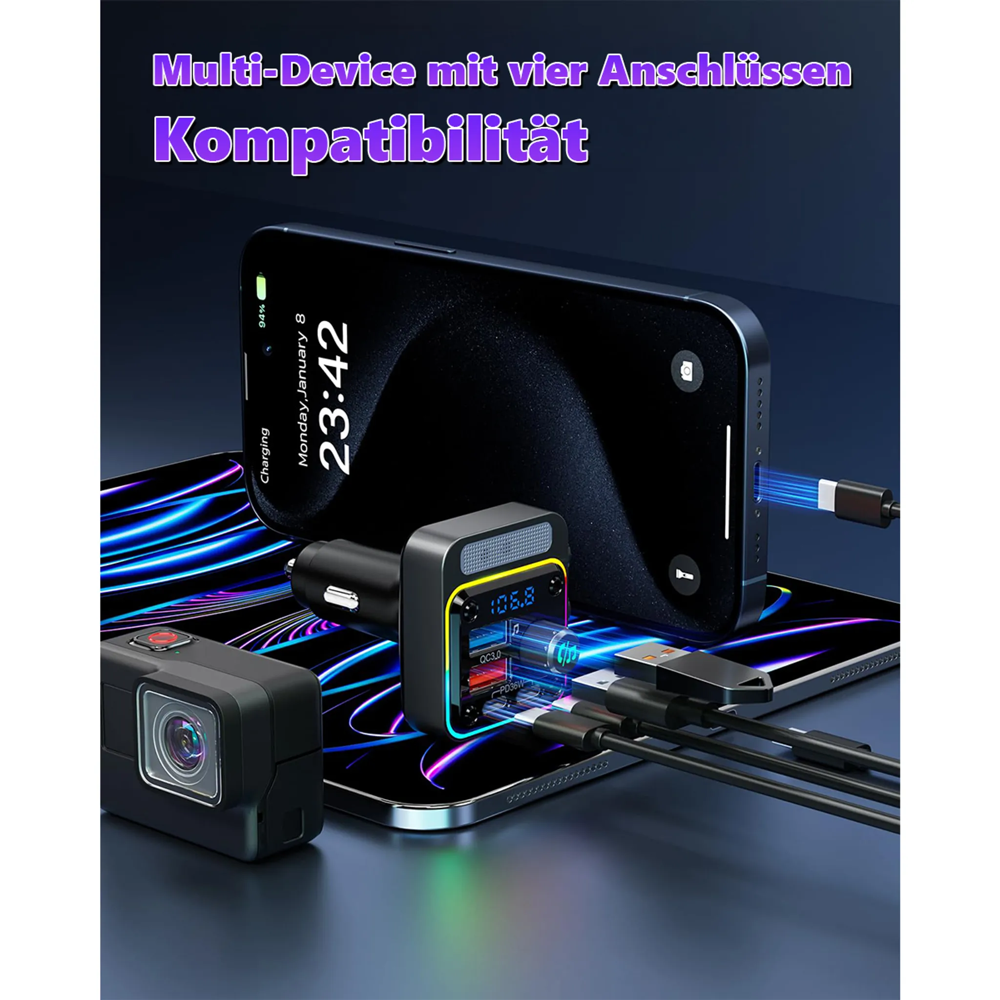 Das Bild zeigt eine Ladestation mit mehreren angeschlossenen Geräten, darunter ein Telefon, eine Action-Kamera und ein Tablet.