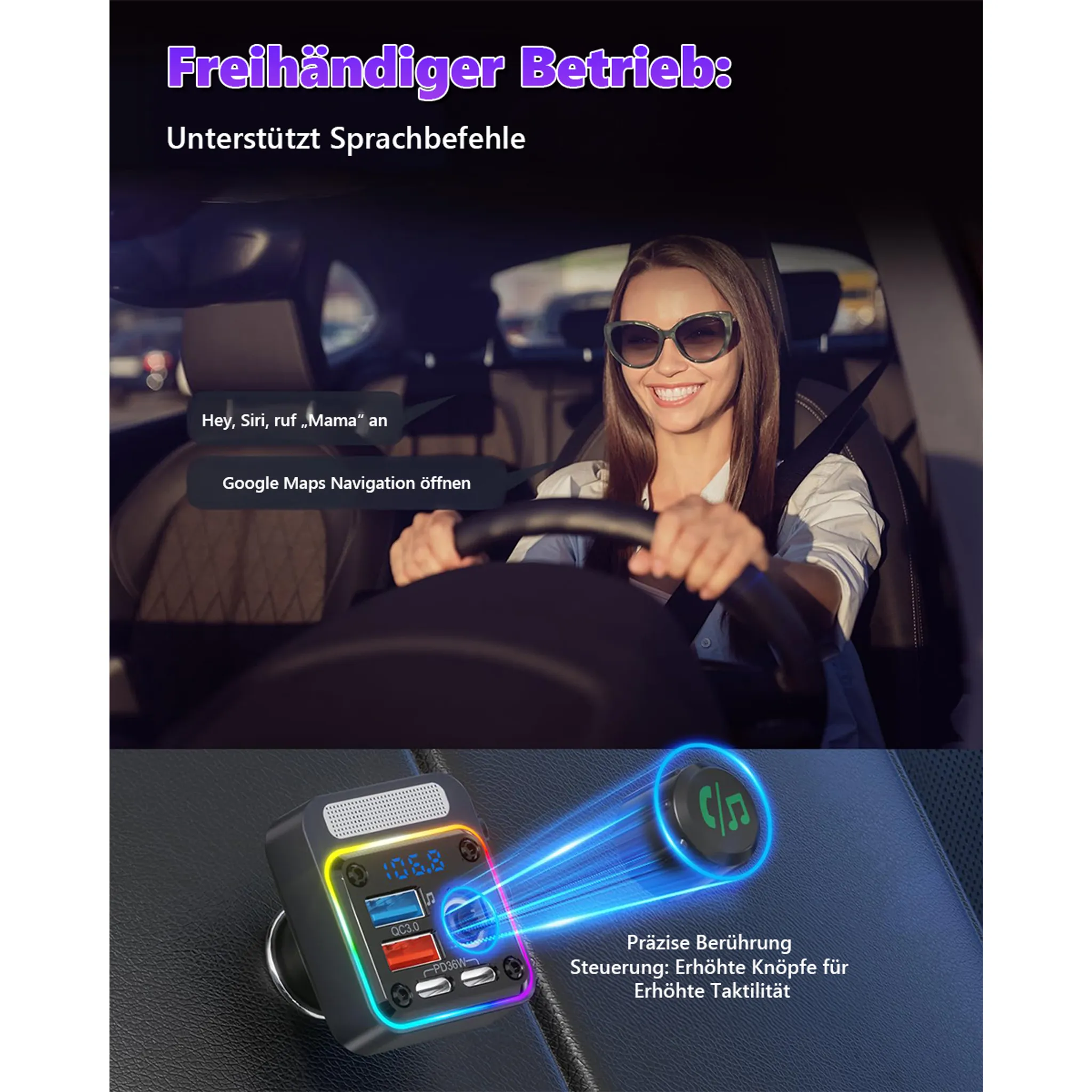 Eine Frau fährt mit einer Freisprecheinrichtung. Das Gerät hat ein LCD und Tasten, mit deutschem Text.