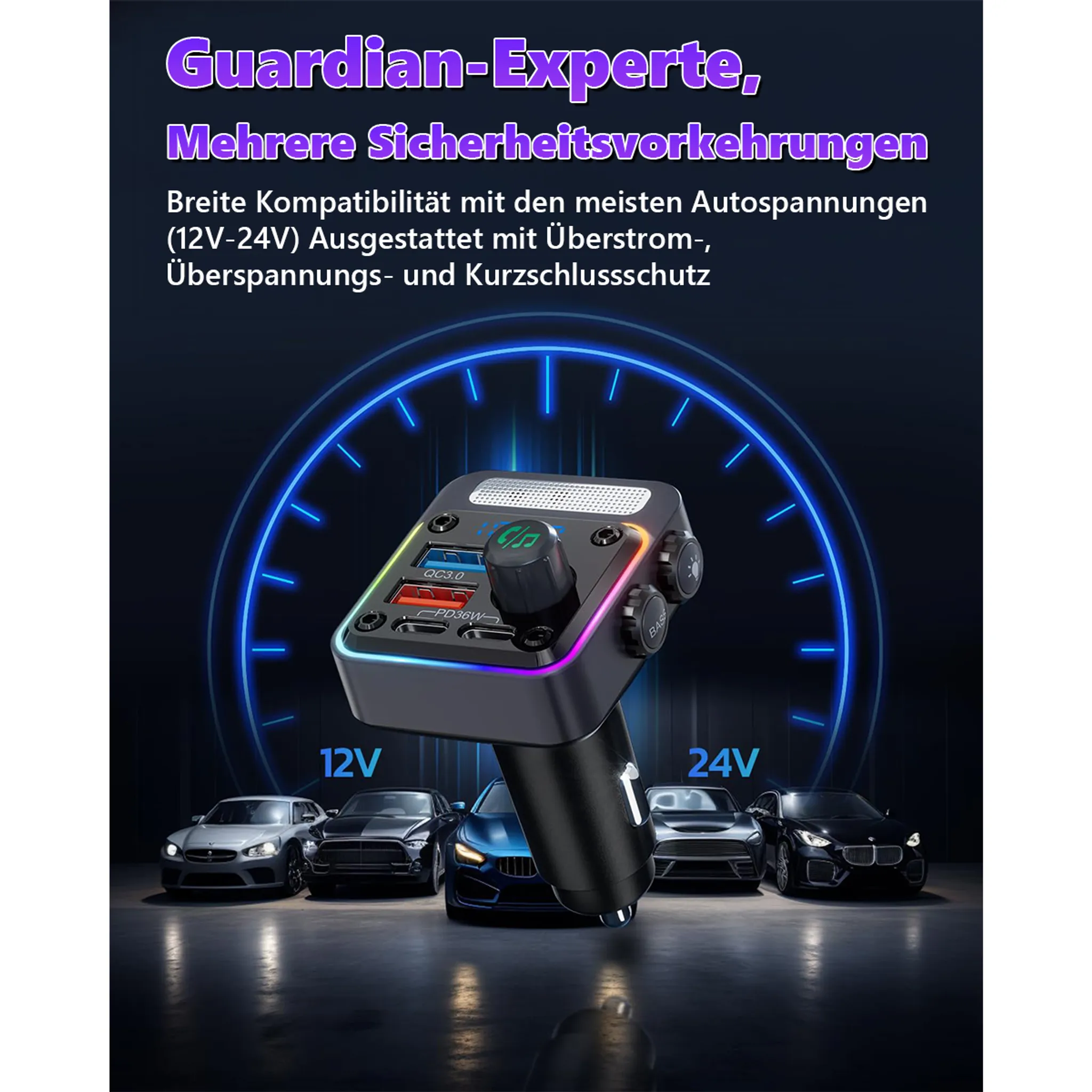 Das Bild zeigt einen Autoadapter mit mehreren Anschlüssen und Autos im Hintergrund, mit Text auf Deutsch über Sicherheitsmerkmale.