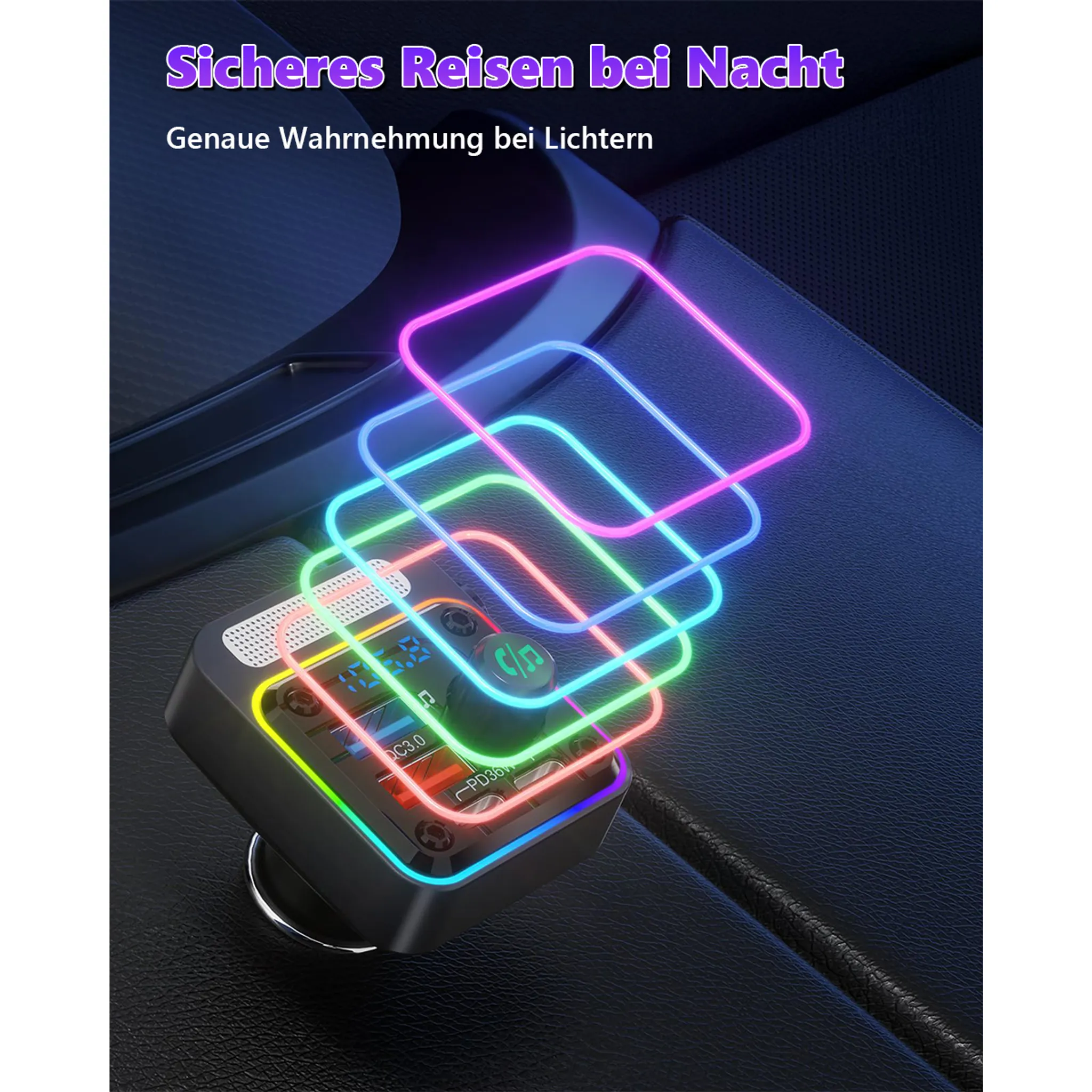 Autoladegerät mit Neonlichtern im Auto. Text: 'Sicheres Reisen bei Nacht'.