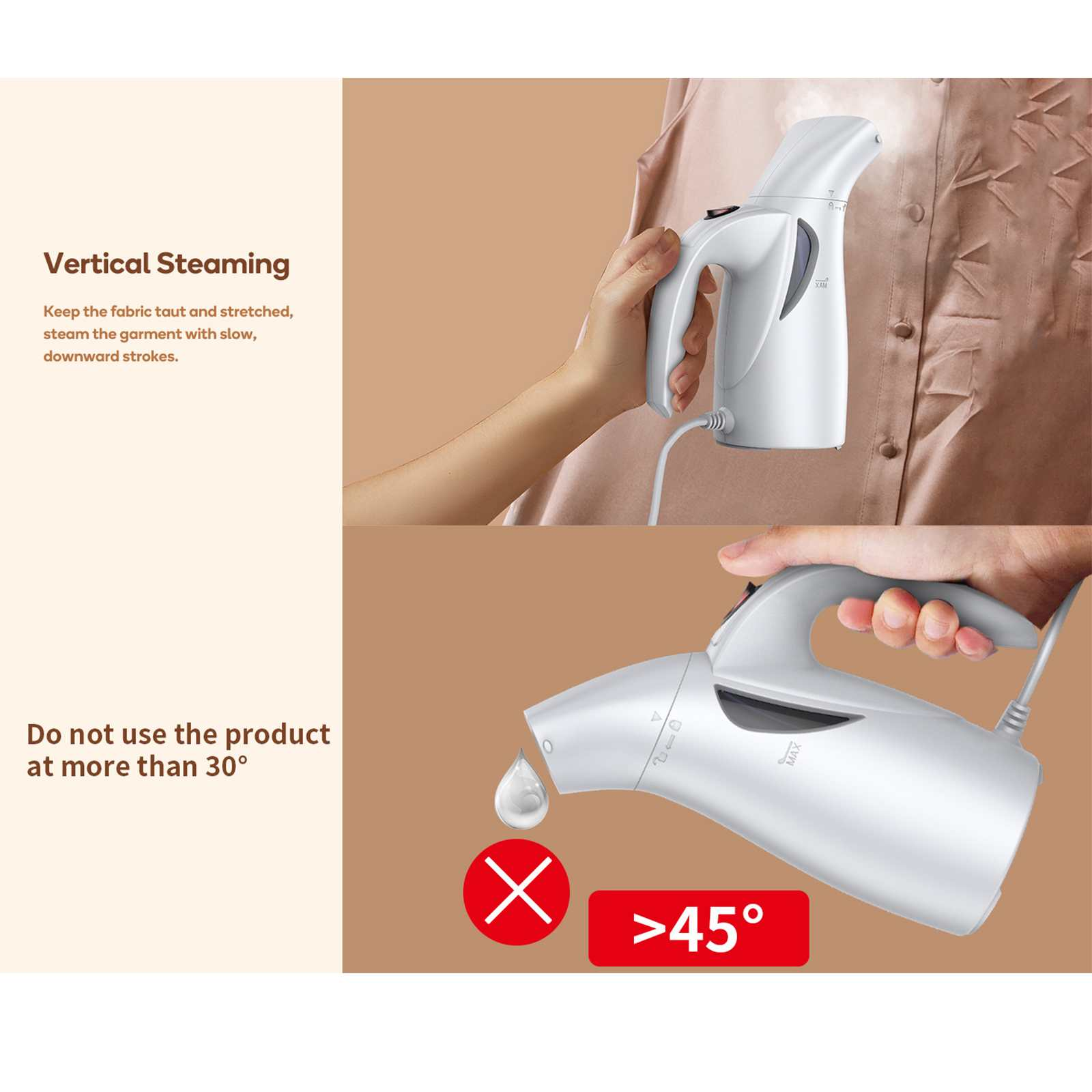 Ein weißer Kleidungsdämpfer wird über einem rosa Kleidungsstück gehalten. Die untere Hälfte zeigt den Dämpfer mit einem Wassertropfen und einer Warnung.