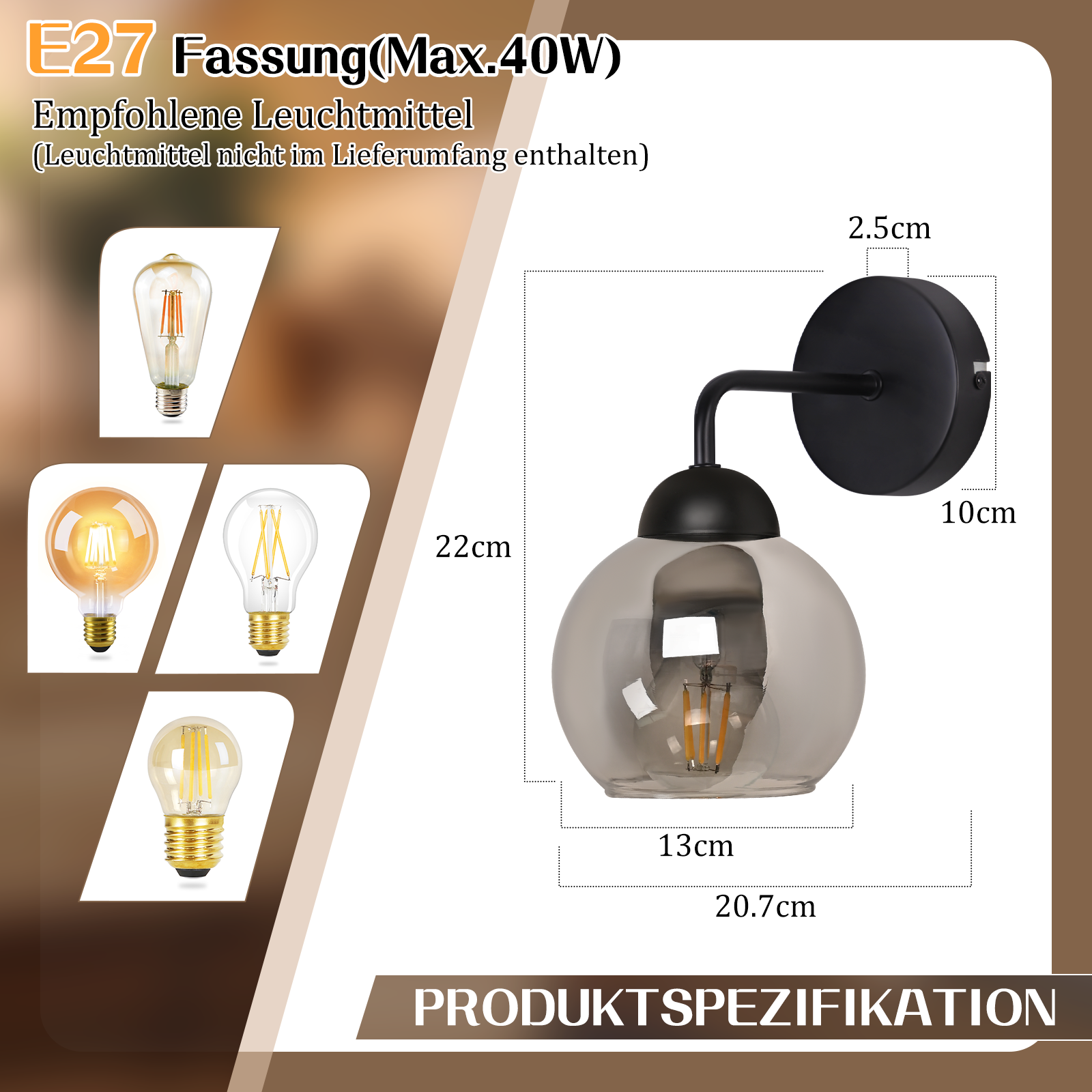 Una lampada da parete con cornice nera e globo trasparente. Sono presenti anche dimensioni ed esempi di lampadine.