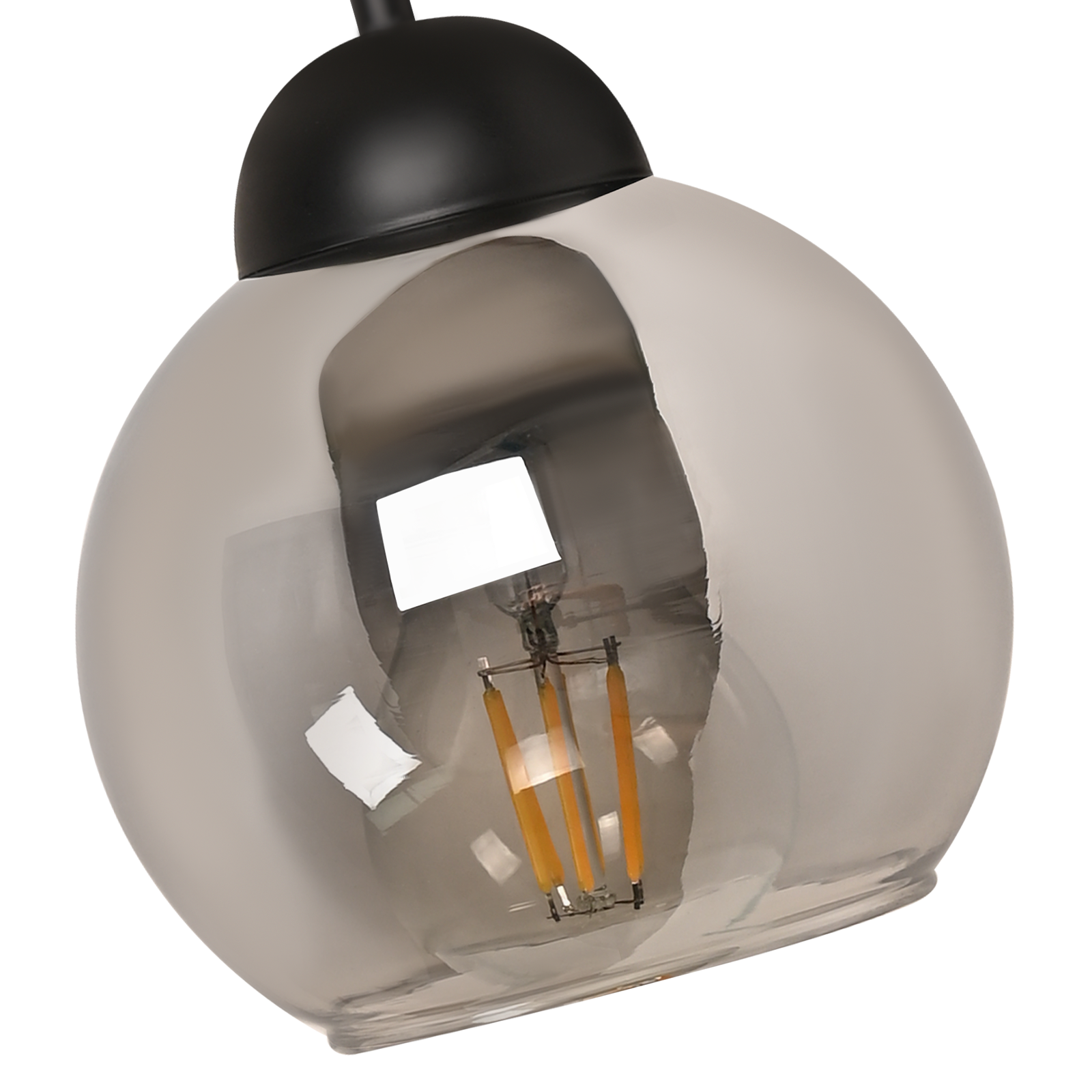 Una lampada sferica con la parte superiore nera. All'interno c'è una lampadina con filamenti. Il vetro è trasparente e colorato.
