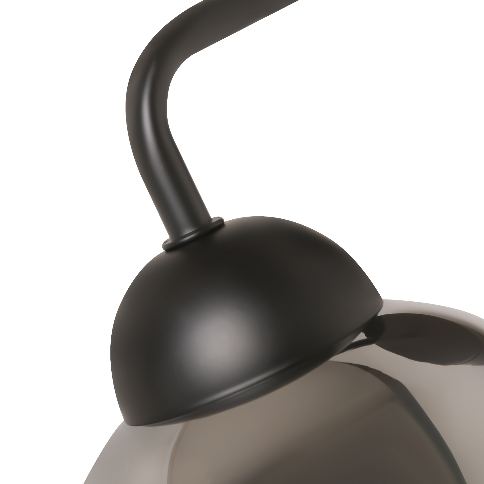 Primo piano di una lampada nera con braccio curvo e paralume in vetro grigio, su sfondo bianco.