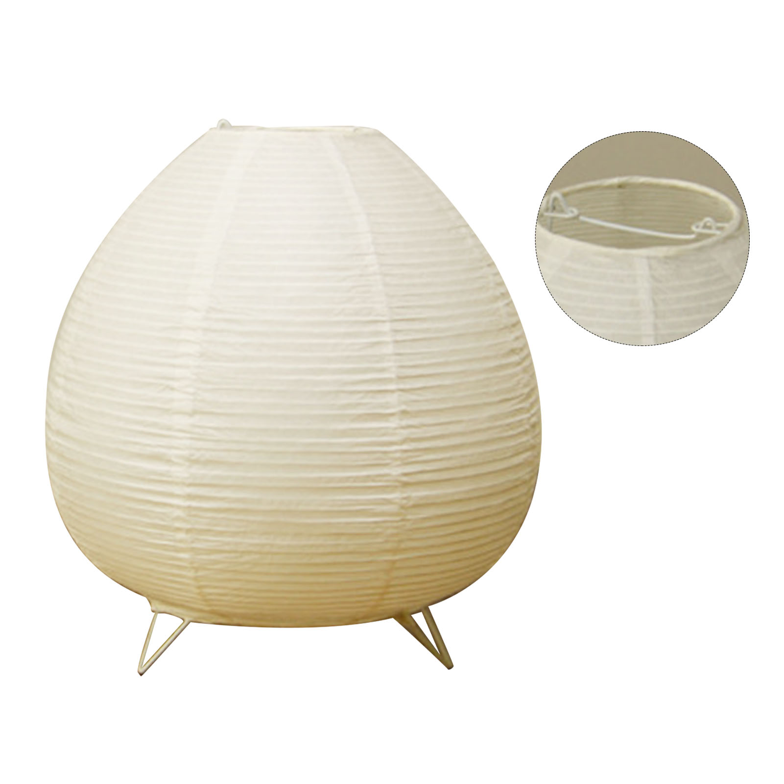 Eine cremefarbene Papierlaterne mit runder Form und Metallbeinen. Eine kleinere, detaillierte Ansicht zeigt die Metallhalterung.