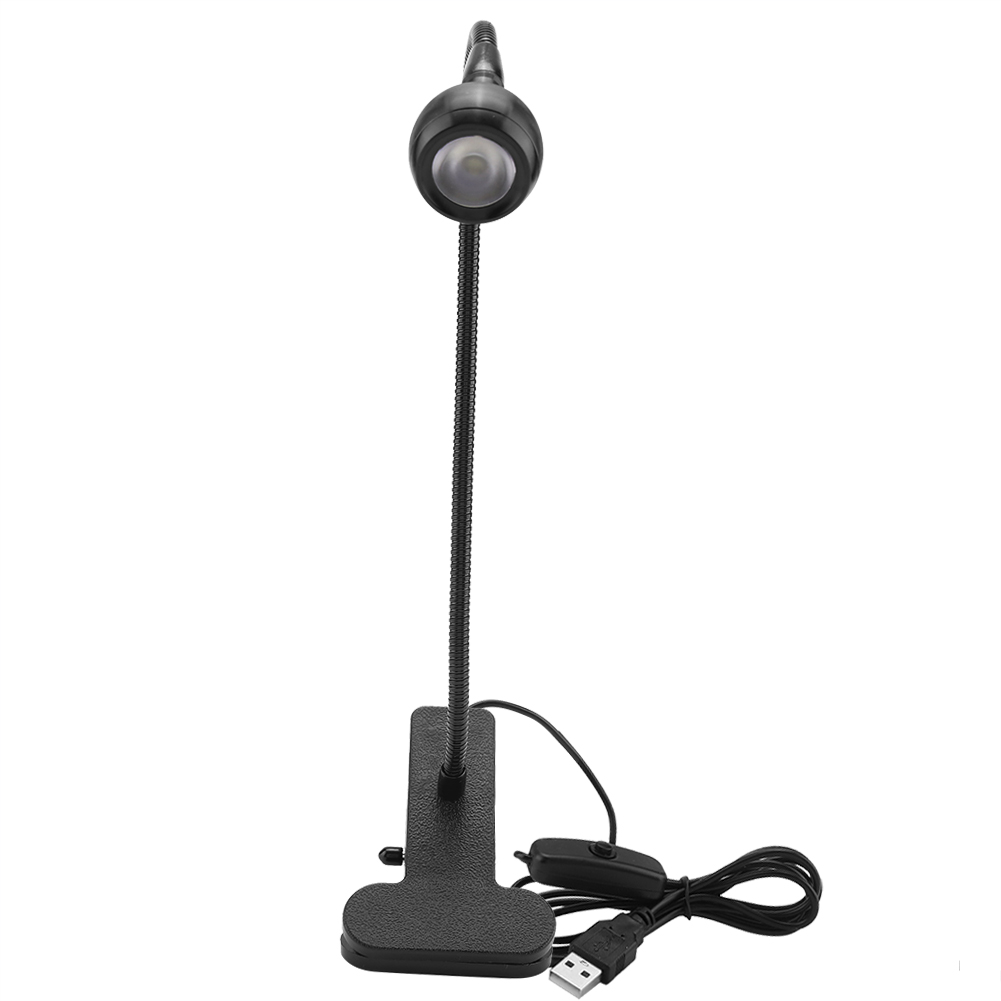Eine schwarze USB-Schreibtischlampe mit flexiblem Hals und Clip-On-Basis. Sie hat einen Ein-/Ausschalter und einen USB-Anschluss.