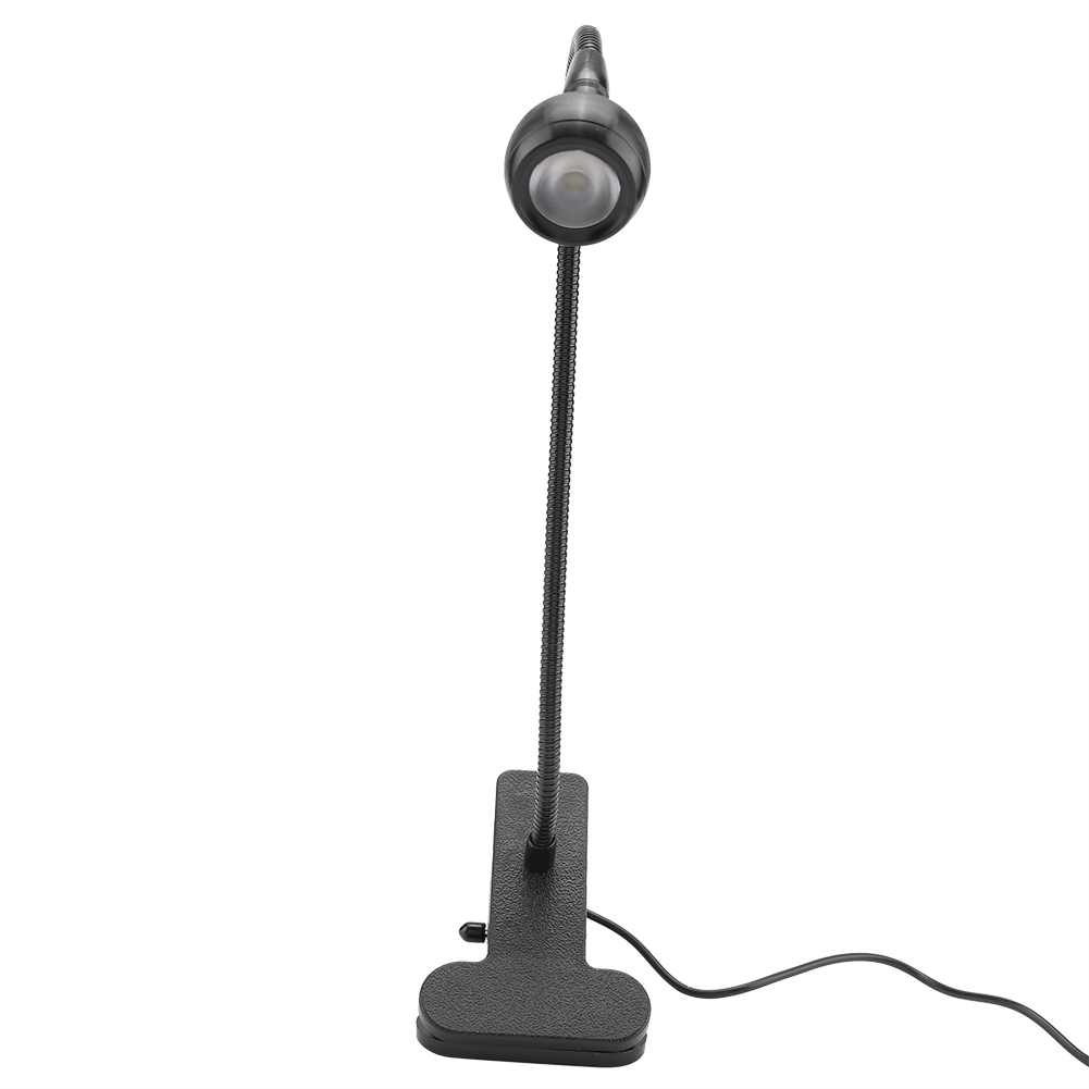 Eine schwarze Schreibtischlampe mit flexiblem Hals und rundem Leuchtkopf. Die Lampe ist eingesteckt und steht auf weißem Hintergrund.