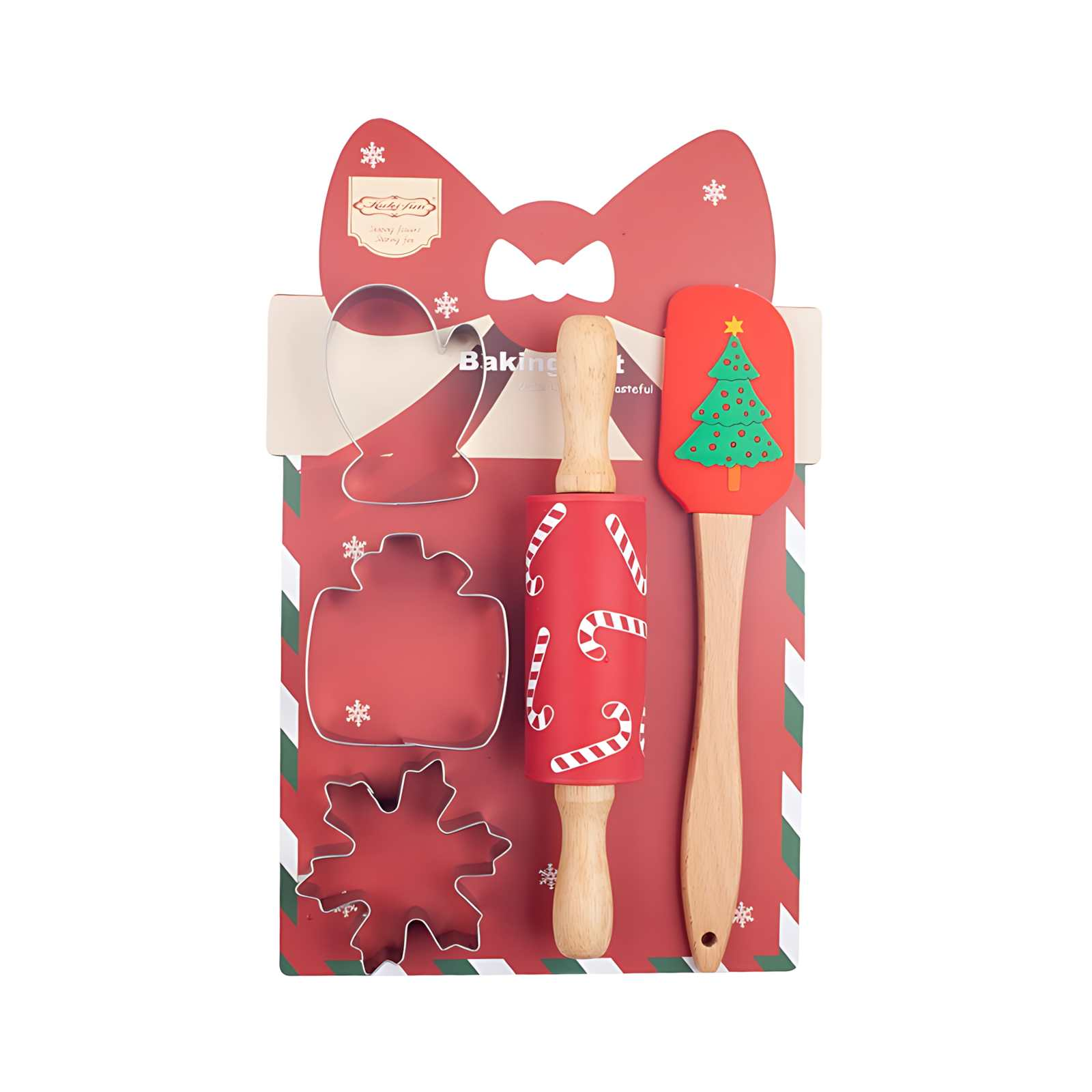 Ein weihnachtliches Backset enthält Ausstecher, eine Teigrolle und einen Spatel mit Weihnachtsbaum-Design.