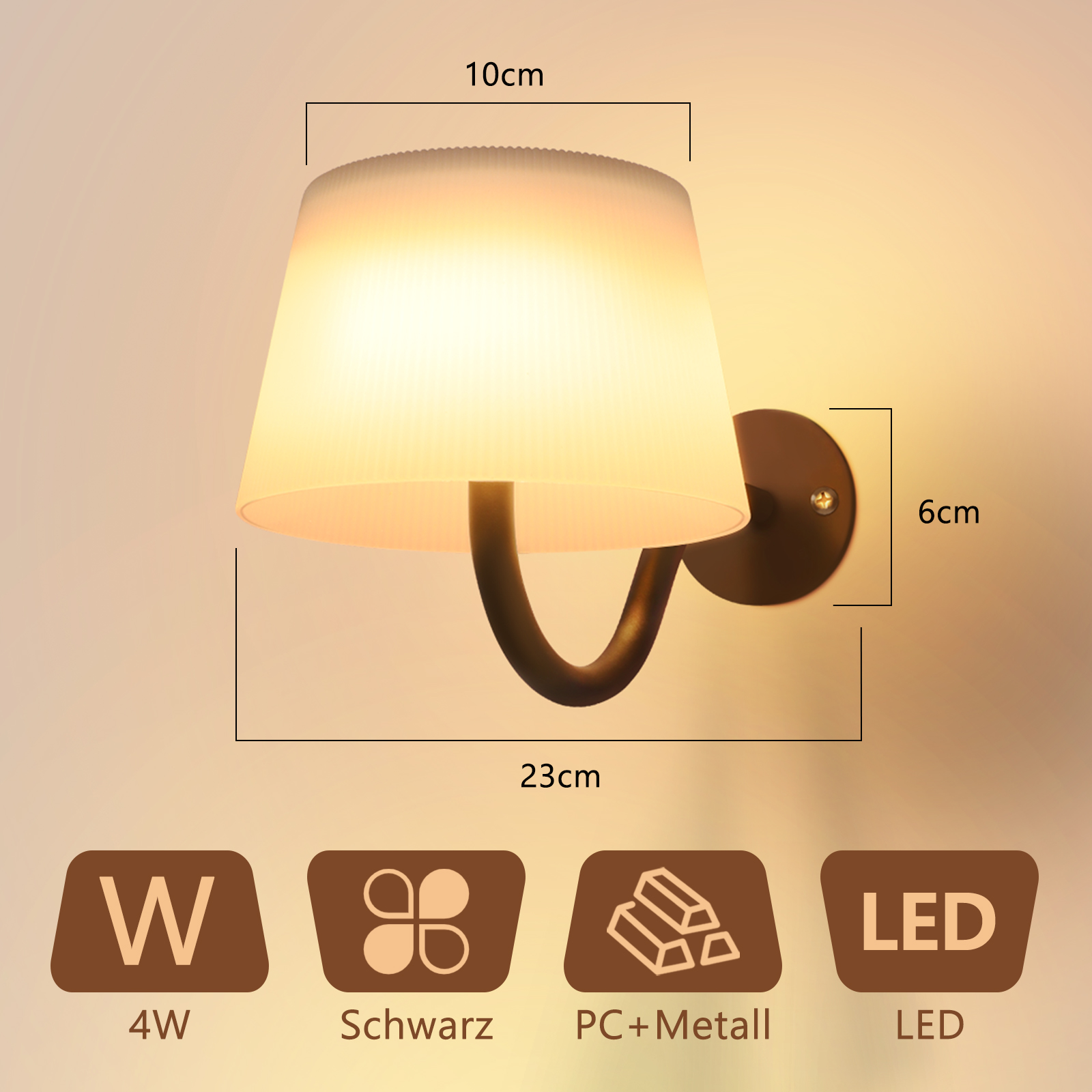 Una lampada da parete con paralume bianco e braccio curvo nero. Sono indicate le dimensioni. Ci sono icone con testo in basso.