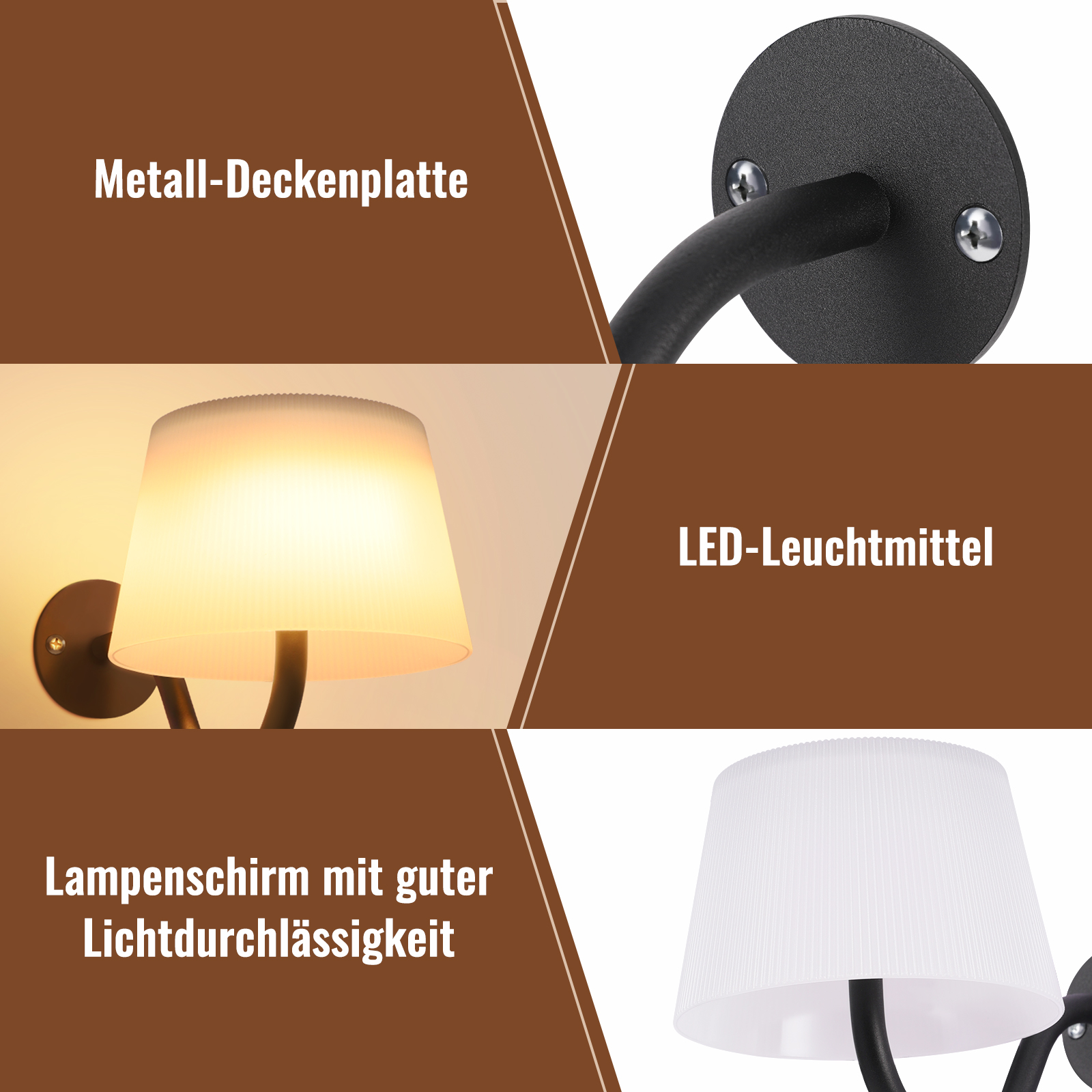 Un primo piano di una lampada con paralume bianco e struttura in metallo nero. Sono mostrate parti della lampada.