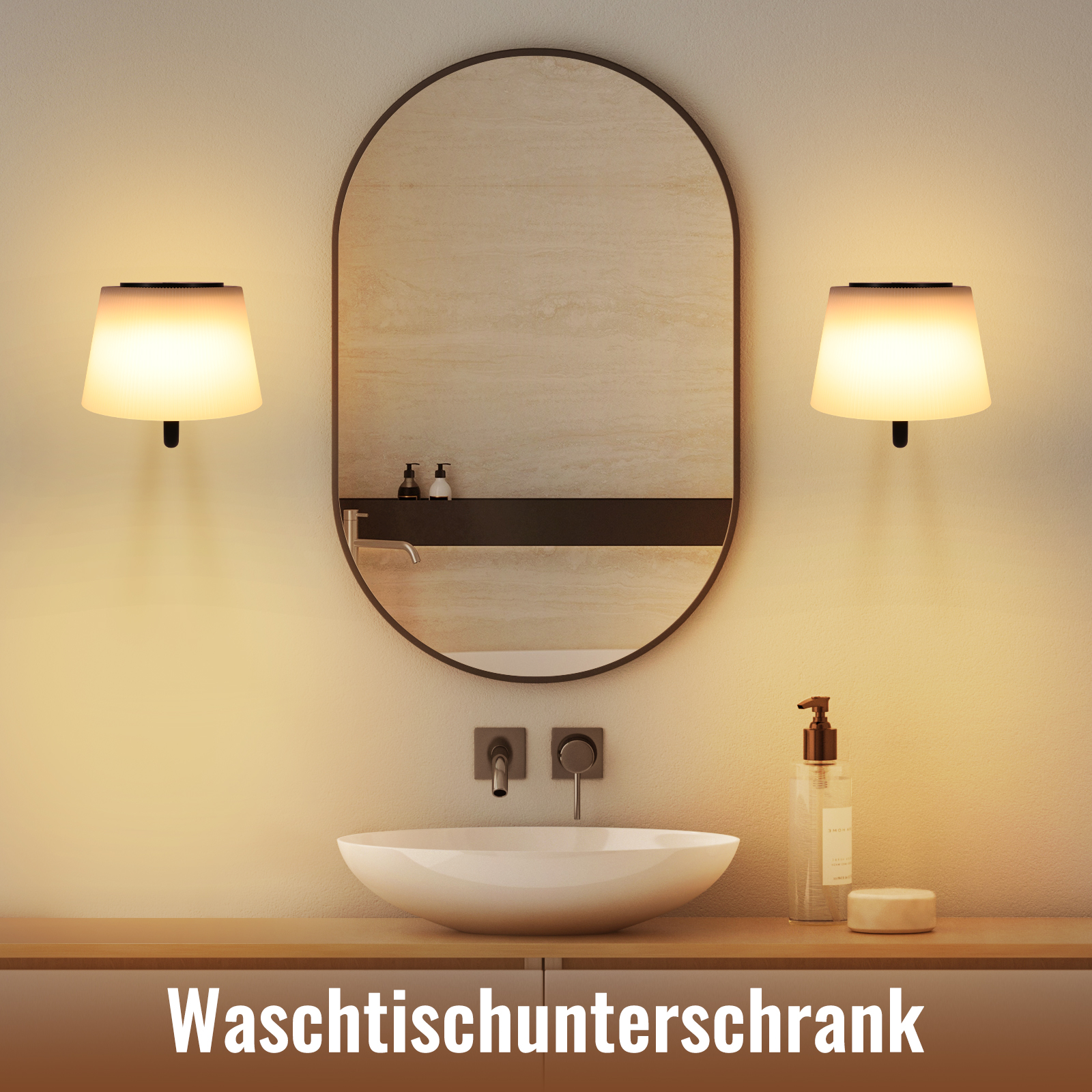 Interni bagno con specchio ovale, due lampade, lavabo e sapone. Il muro è beige.