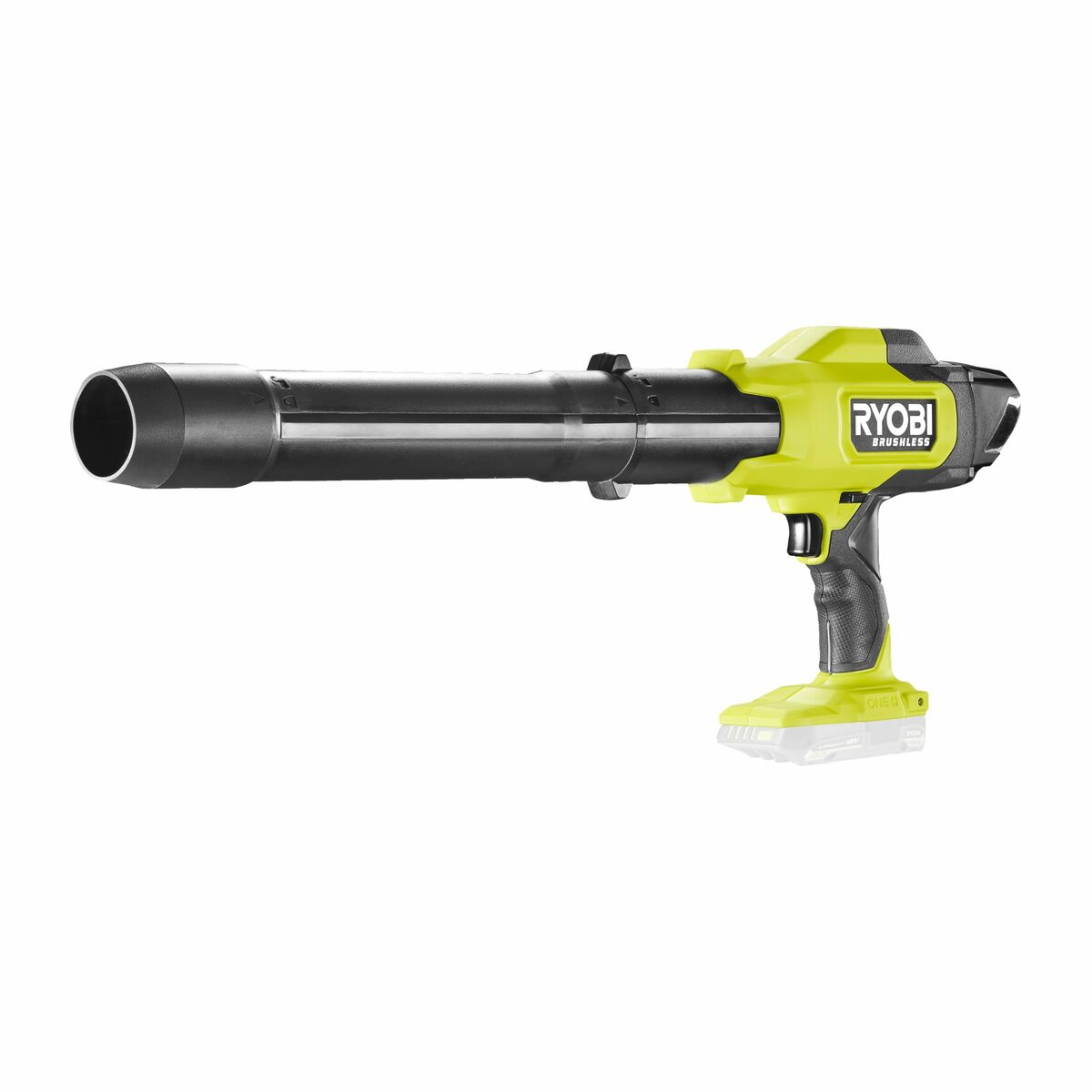 Ein bürstenloses Ryobi-Laubgebläse mit schwarzer Düse und einem grün-schwarzen Gehäuse. Es befindet sich auf weißem Hintergrund.
