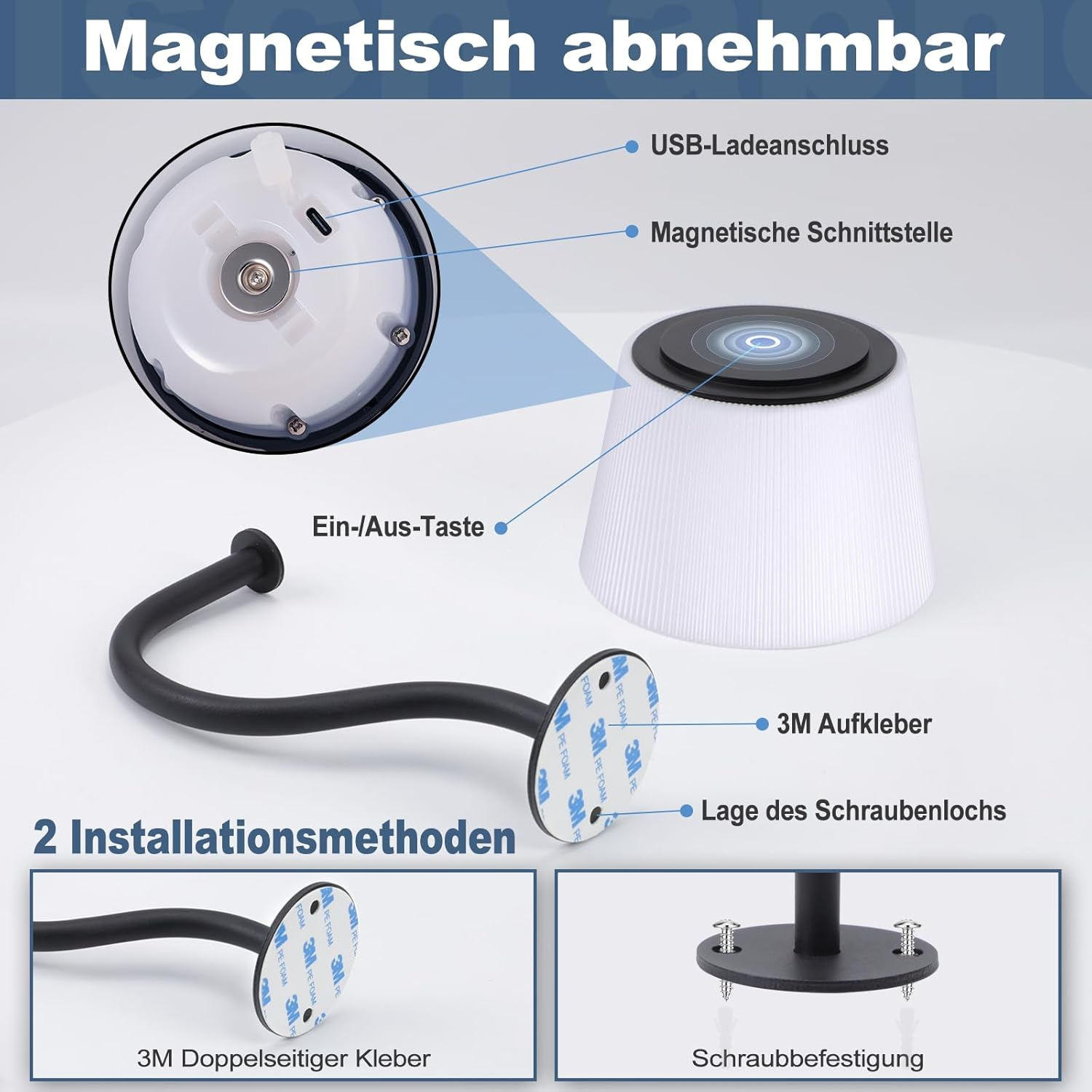 L'immagine del prodotto mostra un dispositivo magnetico, rimovibile, con ricarica USB, opzioni di montaggio ed etichette in tedesco.