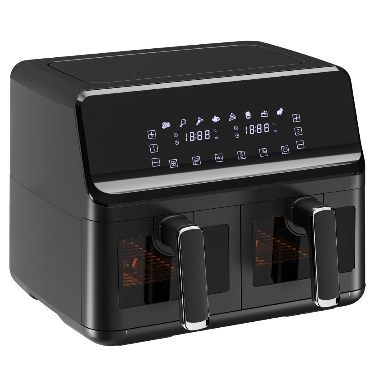 Ein schwarzer Airfryer mit zwei Fächern. Er hat ein digitales Display mit Uhrzeit und Temperatur sowie Griffe für jedes Fach.