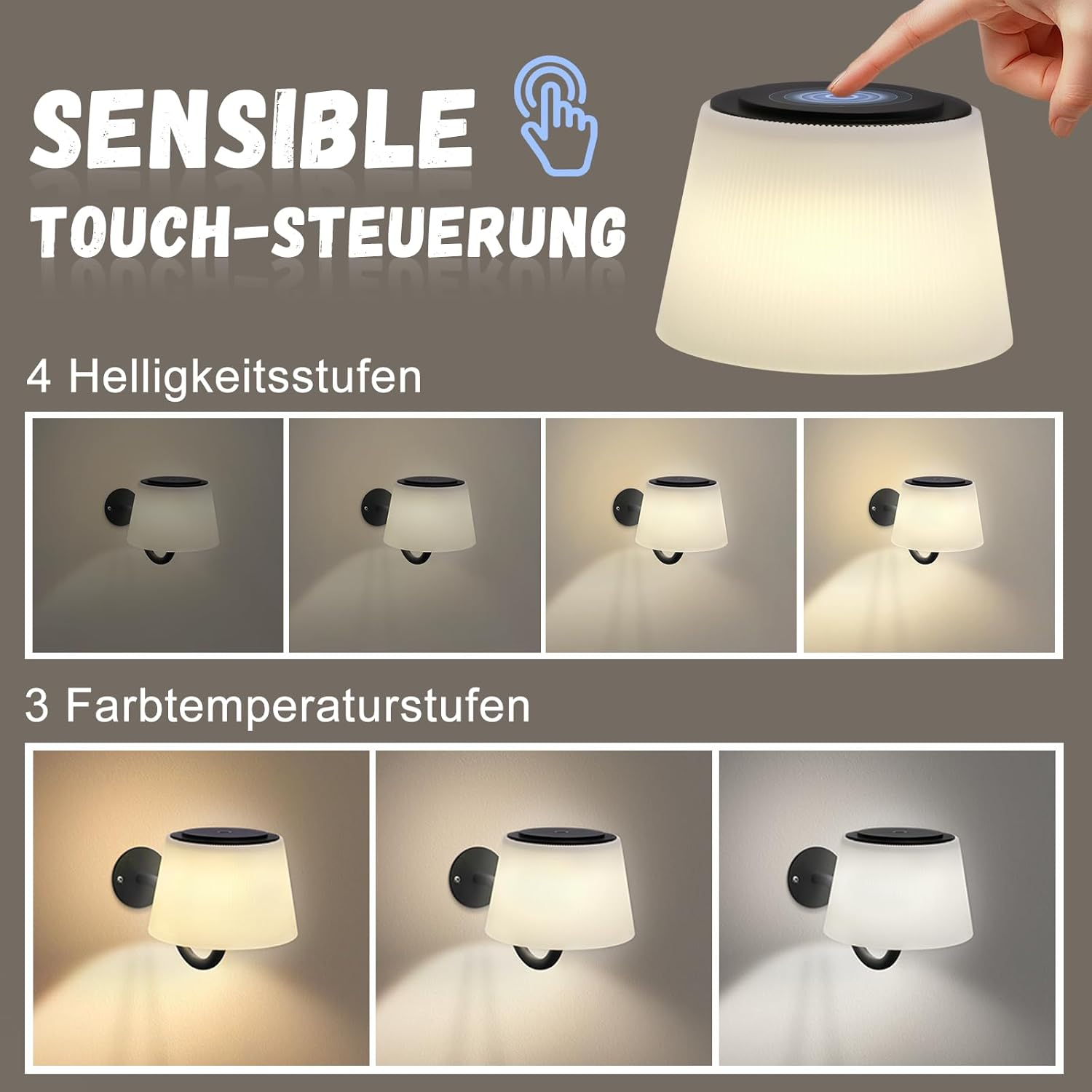 Una lámpara táctil con opciones de atenuación. Las imágenes muestran diferentes configuraciones de brillo y temperatura de color. Mano tocando la lámpara.