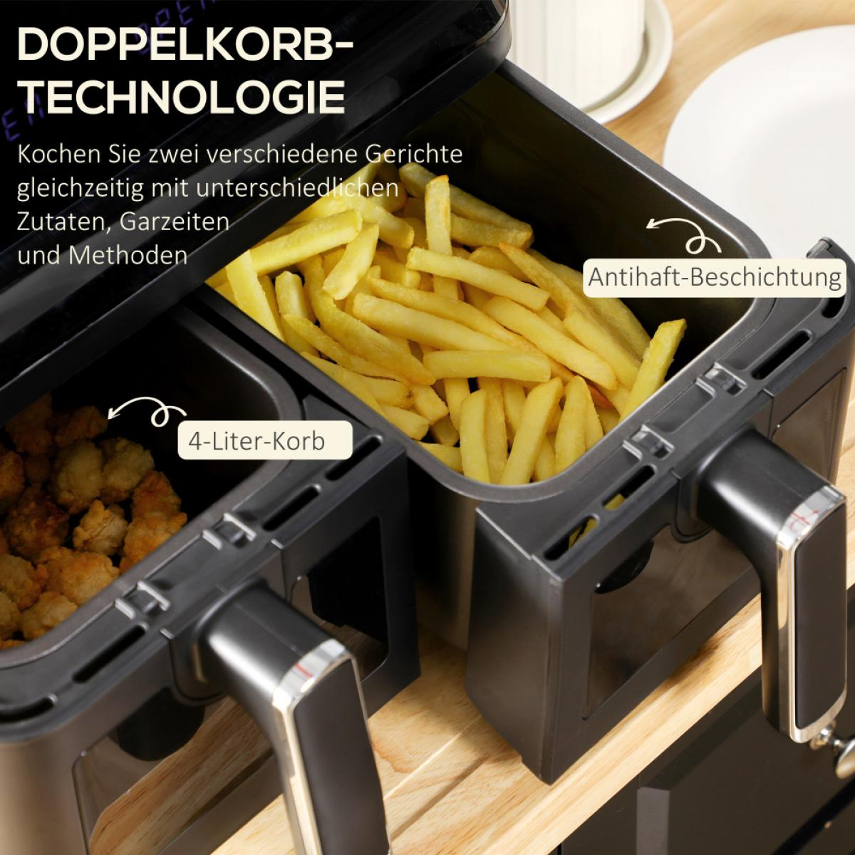 Eine Heißluftfritteuse mit zwei Körben, einer mit Pommes, der andere mit Nuggets. Text auf der Fritteuse beschreibt die Doppelkorb-Technologie.