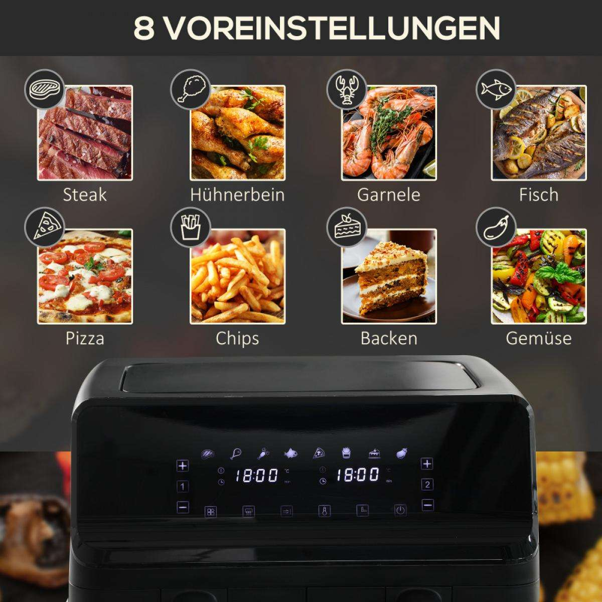 Eine Heißluftfritteuse mit 8 Voreinstellungen. Enthält Steak, Hähnchen, Garnelen, Fisch, Pizza, Pommes, Kuchen und Gemüse.