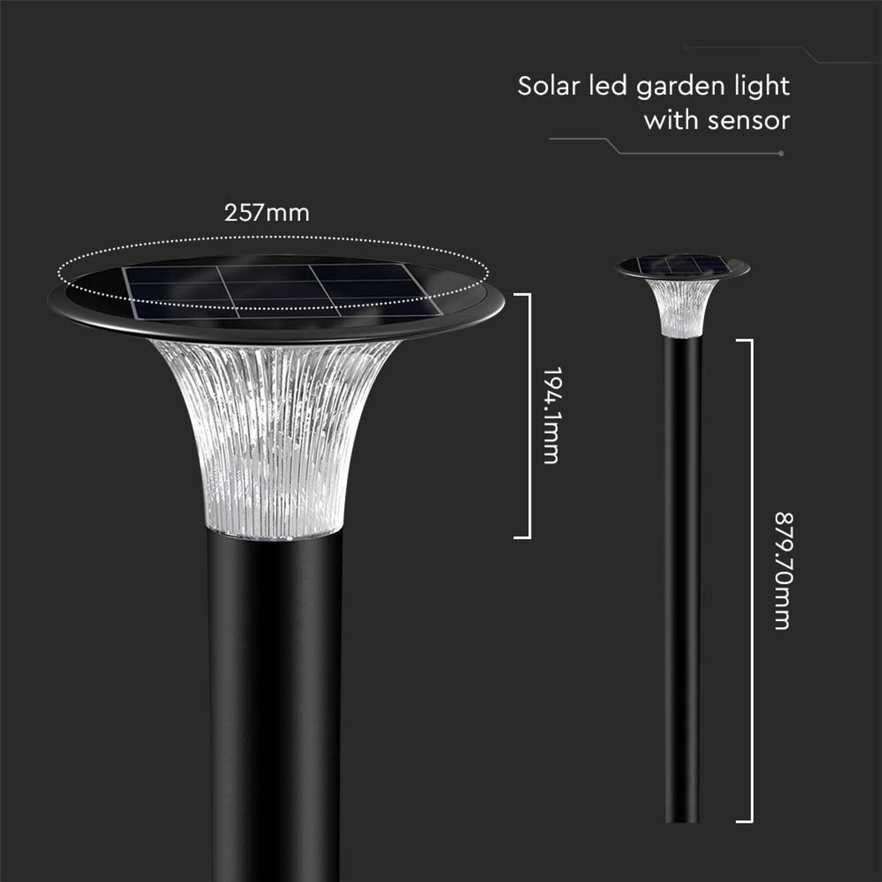 Solar-LED-Gartenleuchte mit Sensor. Schwarze Stange, Solarpanel oben. Abmessungen sind angegeben.