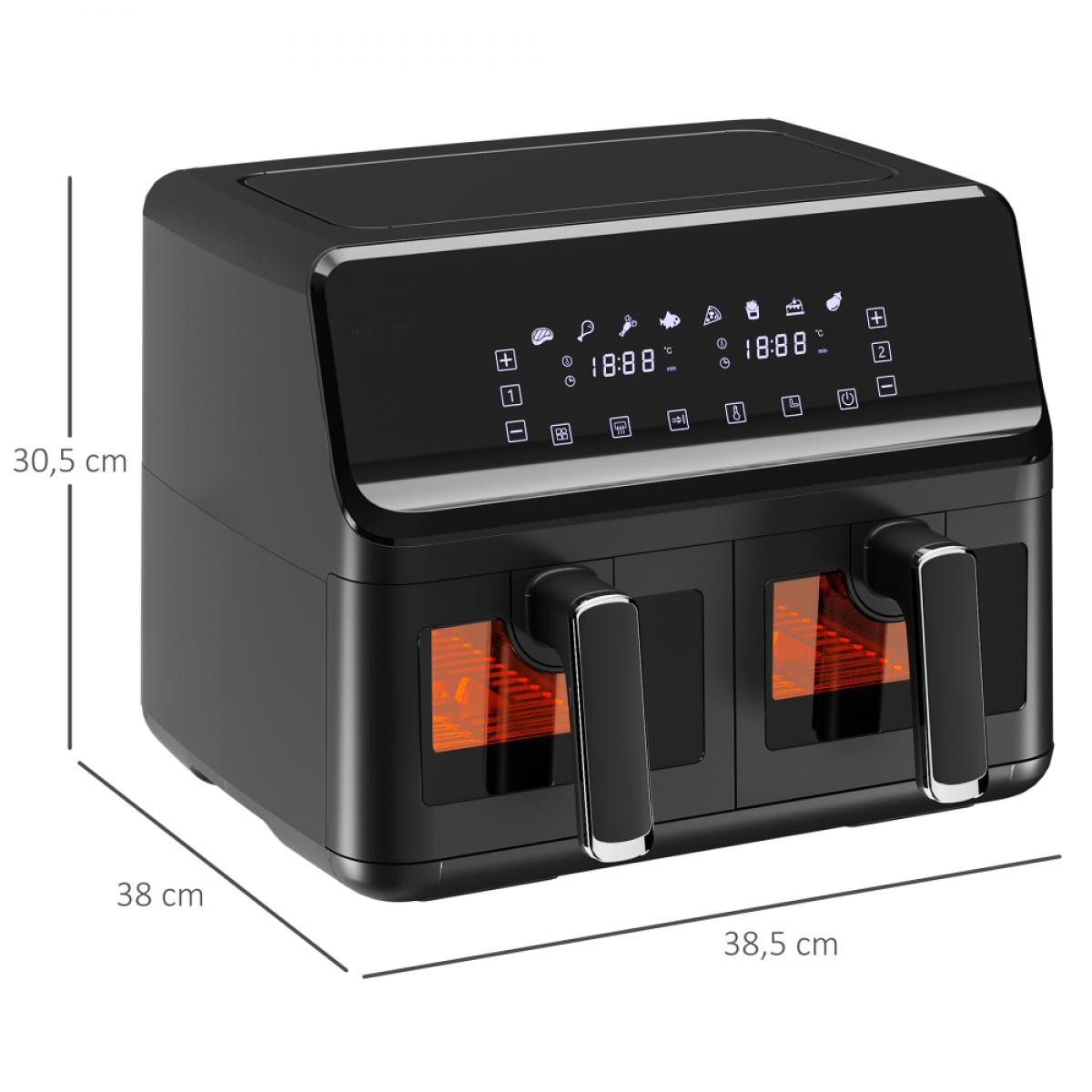 Ein schwarzer Airfryer mit zwei Fächern. Das Bedienfeld zeigt ein digitales Display und verschiedene Kochoptionen. Abmessungen sind sichtbar.