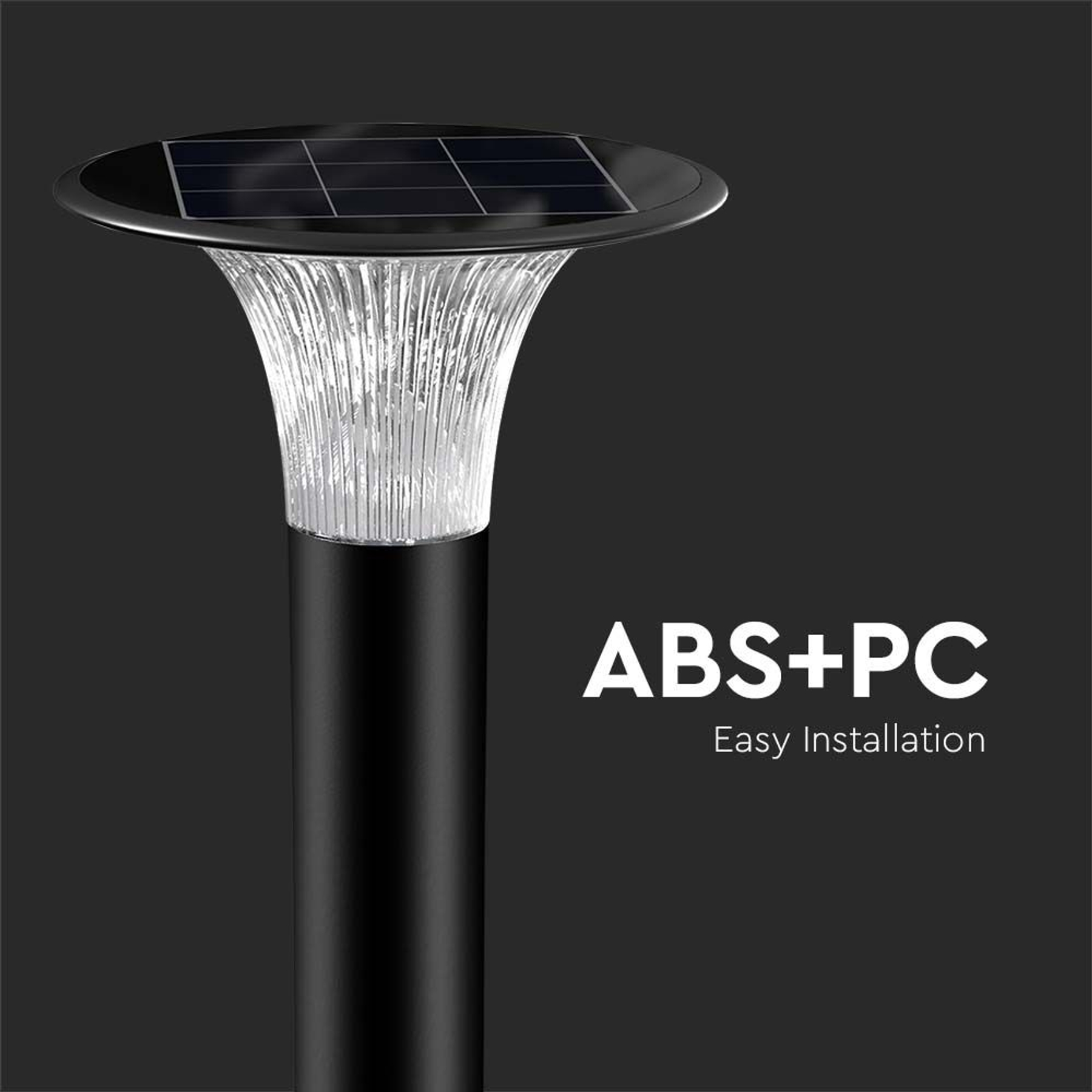 Eine schwarze Solar-Gartenleuchte mit Solarpanel. ABS+PC Material Text wird angezeigt.