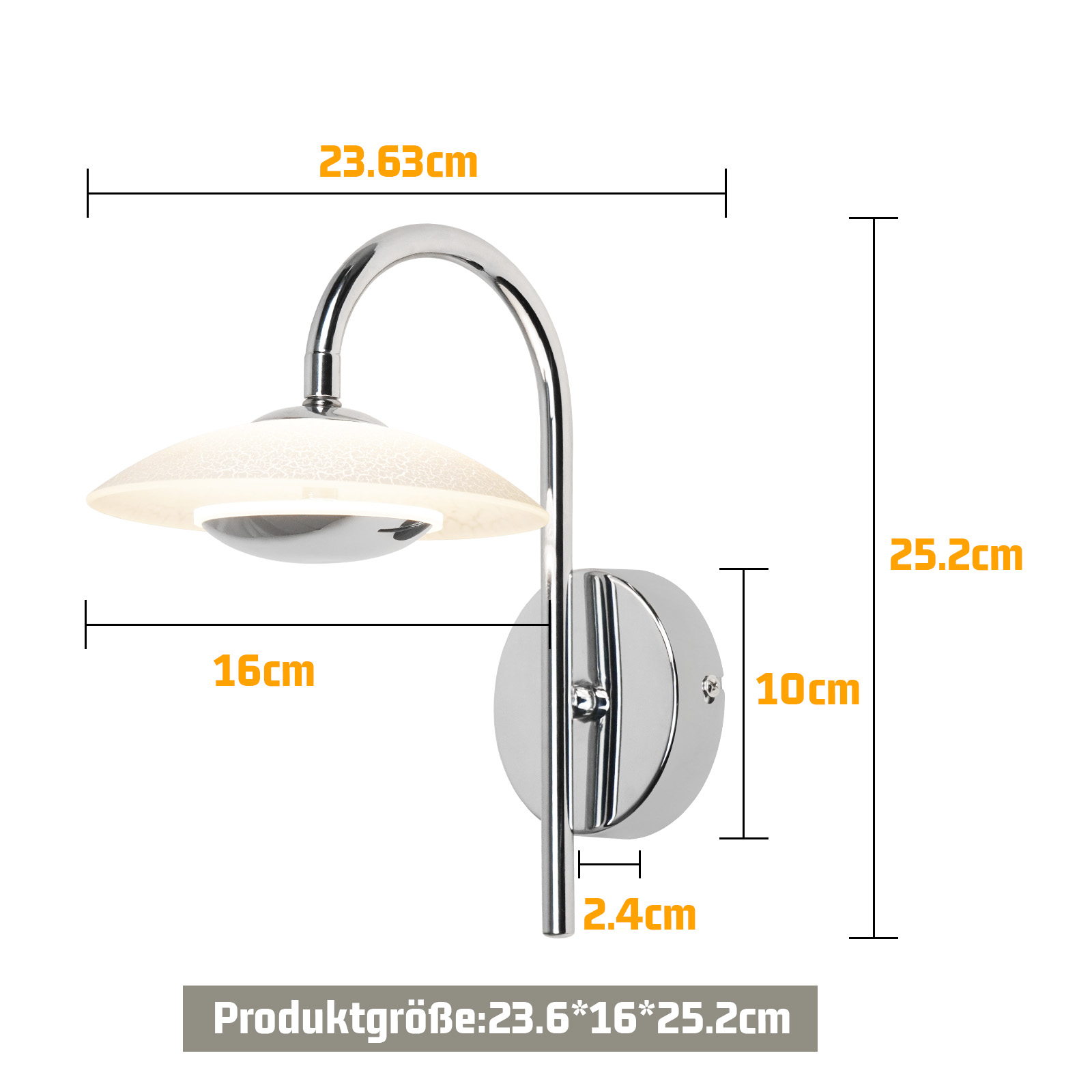 Una lampada da parete cromata con braccio curvo e paralume rotondo in vetro smerigliato. Dimensioni indicate.