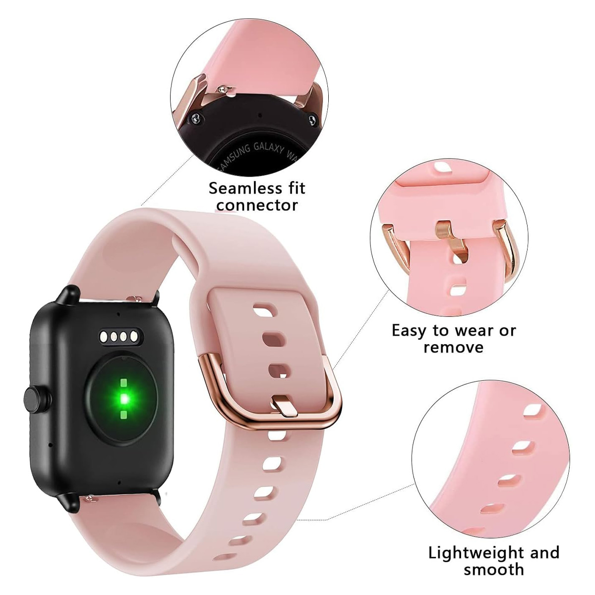 Eine rosa Smartwatch mit schwarzem quadratischen Bildschirm. Es hat ein rosa Armband, eine goldene Schnalle und einen nahtlosen Anschluss.