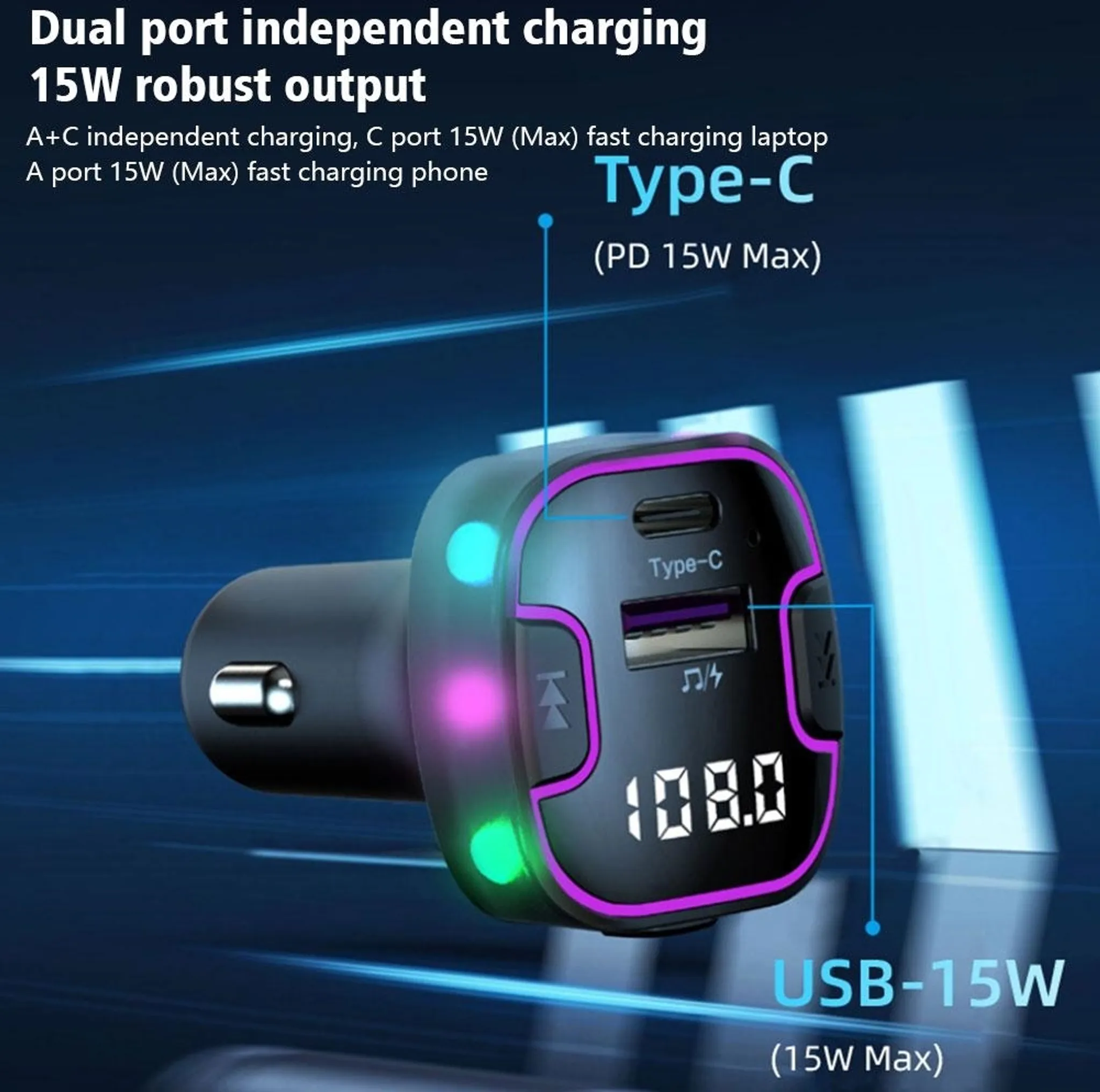 Ein schwarzes Autoladegerät mit USB- und Typ-C-Anschlüssen. Auf dem Bildschirm wird 108.0 angezeigt. Das Ladegerät ist blau und violett hervorgehoben.