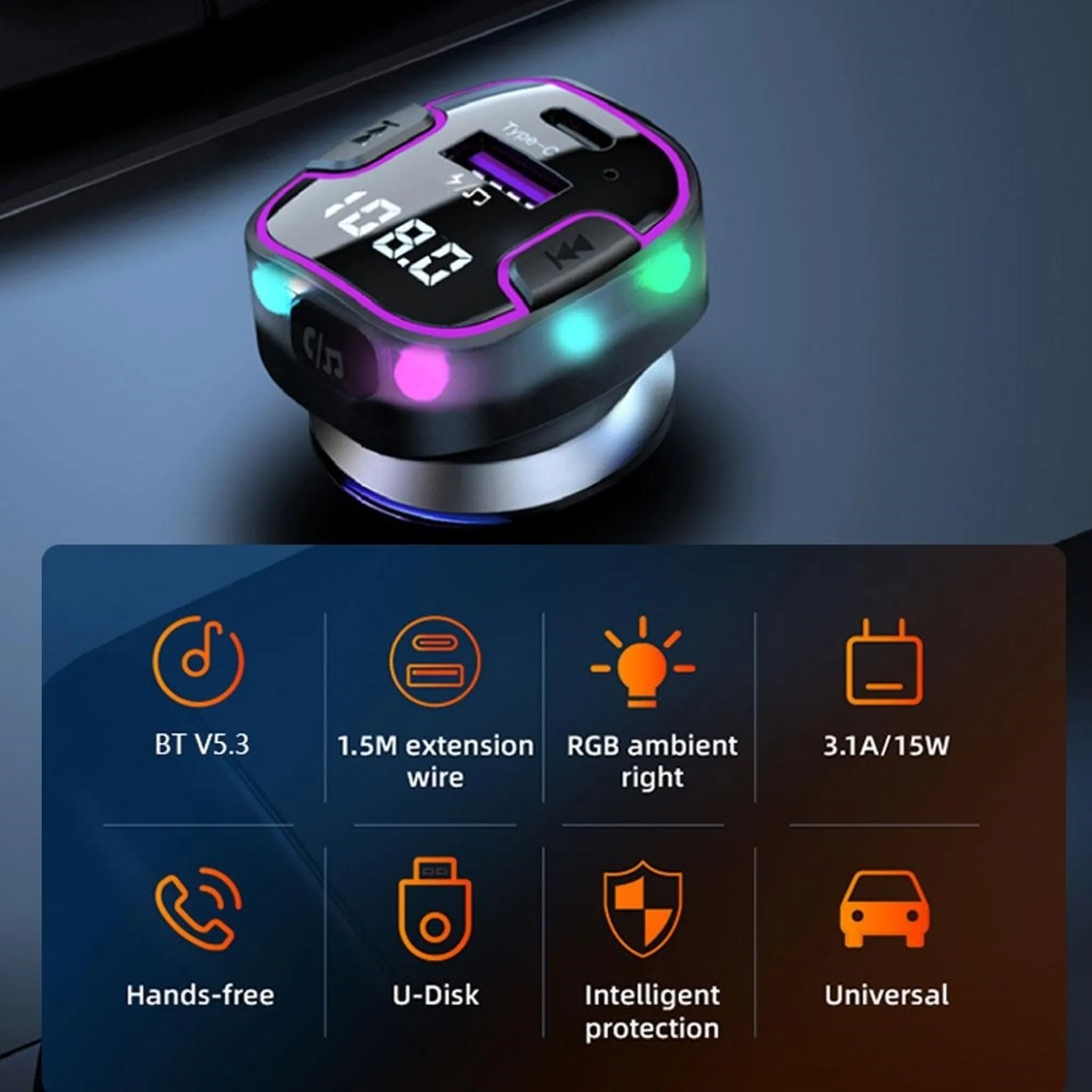 Kfz-Ladegerät mit LED-Anzeige, Tasten und Typ-C-Anschluss. Zu den Funktionen gehören BT V5.3, Freisprechfunktion und U-Disk-Unterstützung.